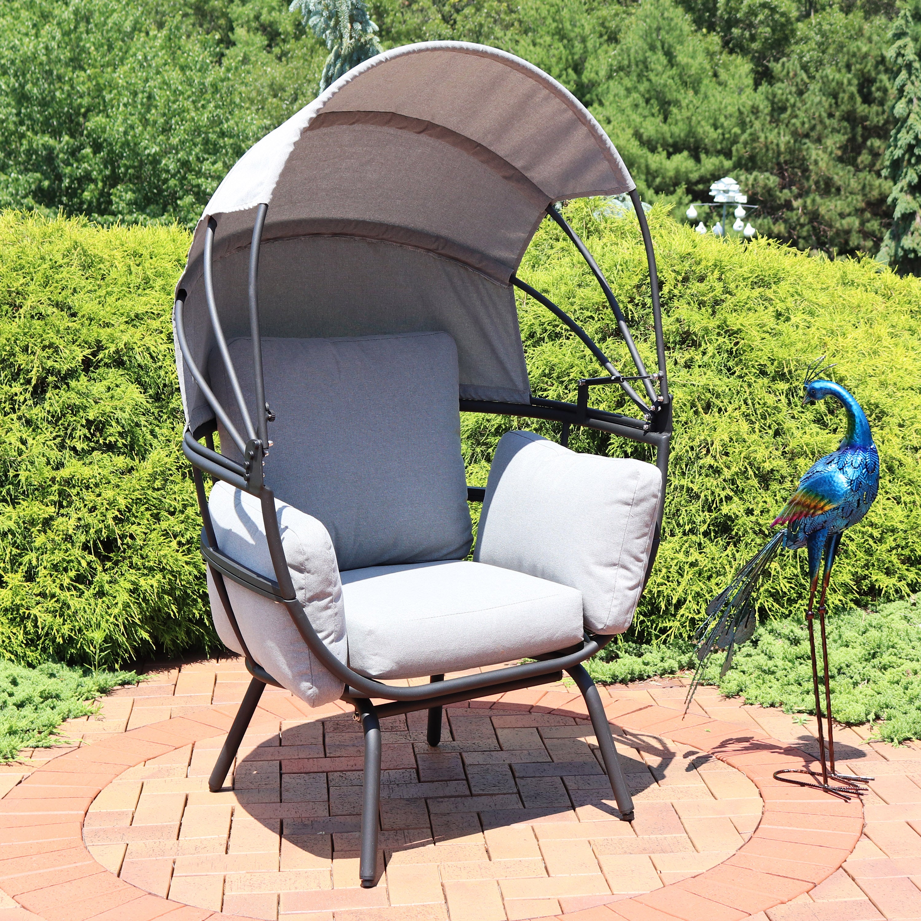 Sunnydaze Modern Luxury Patio Egg Chair with Canopy - Outdoor Hanging Swing Chair for Garden, Balcony, and Backyard Relaxation