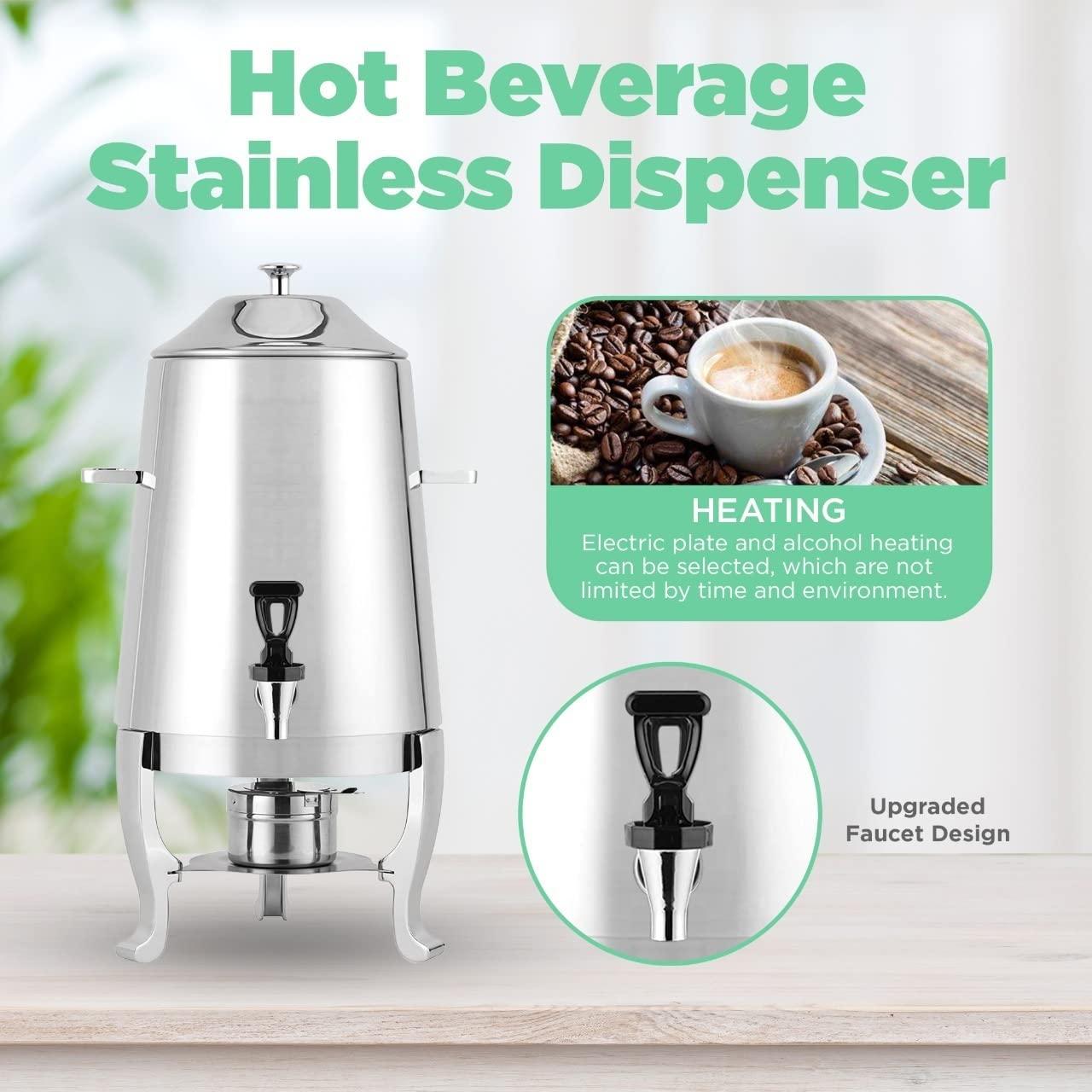 Premium 3 Gallon Stainless Steel Hot Beverage Dispenser with Chrome Accents - 48 Cup Capacity for Coffee, Tea & Hot Chocolate - Ideal for Catering, Parties, Offices & Events