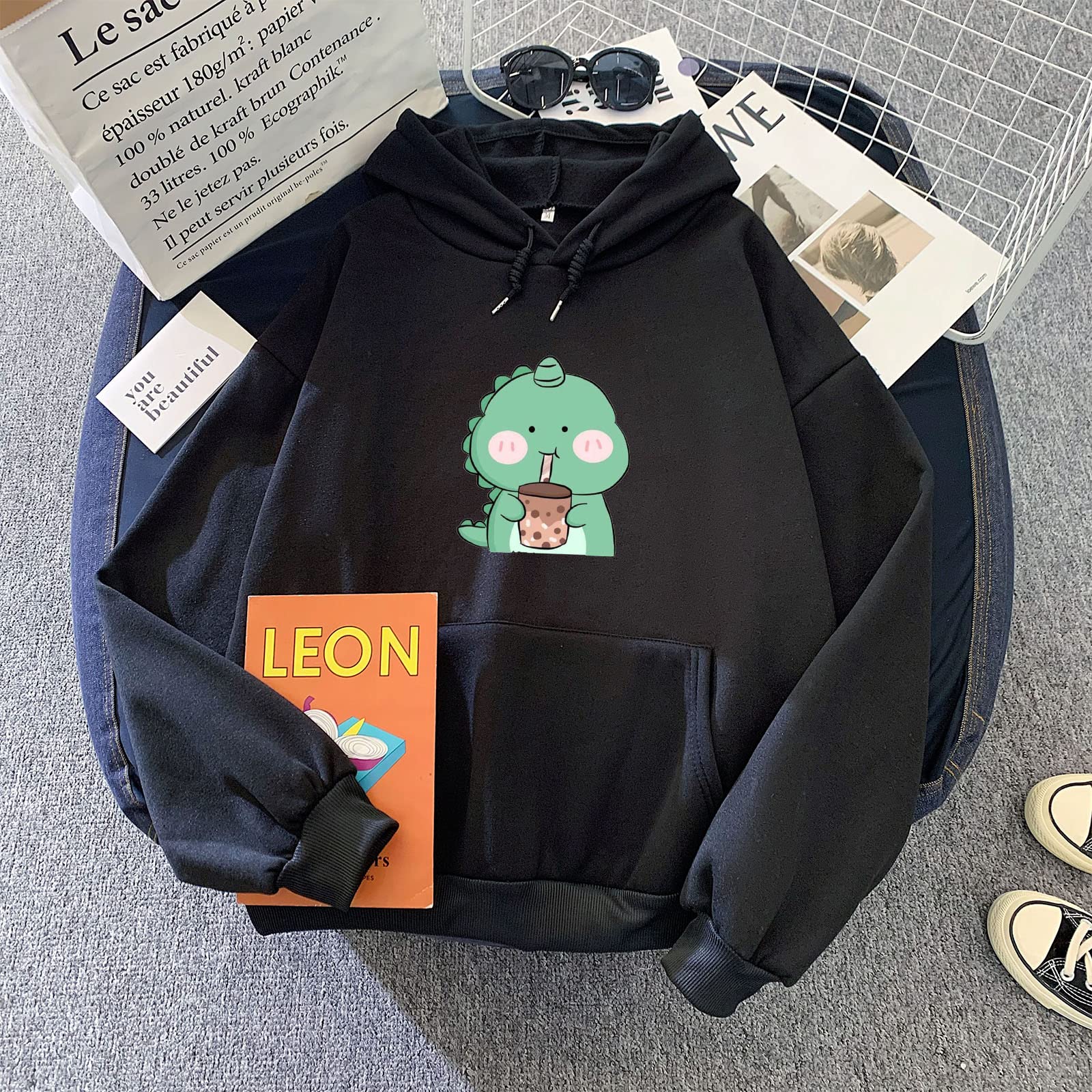 Women's Casual Long Sleeve Hoodie - Cute Cartoon Dinosaur Print Pullover Sweatshirt with Drawstring Hood & Pocket | Cozy Loungewear, Streetwear Fashion, Outdoor Activities