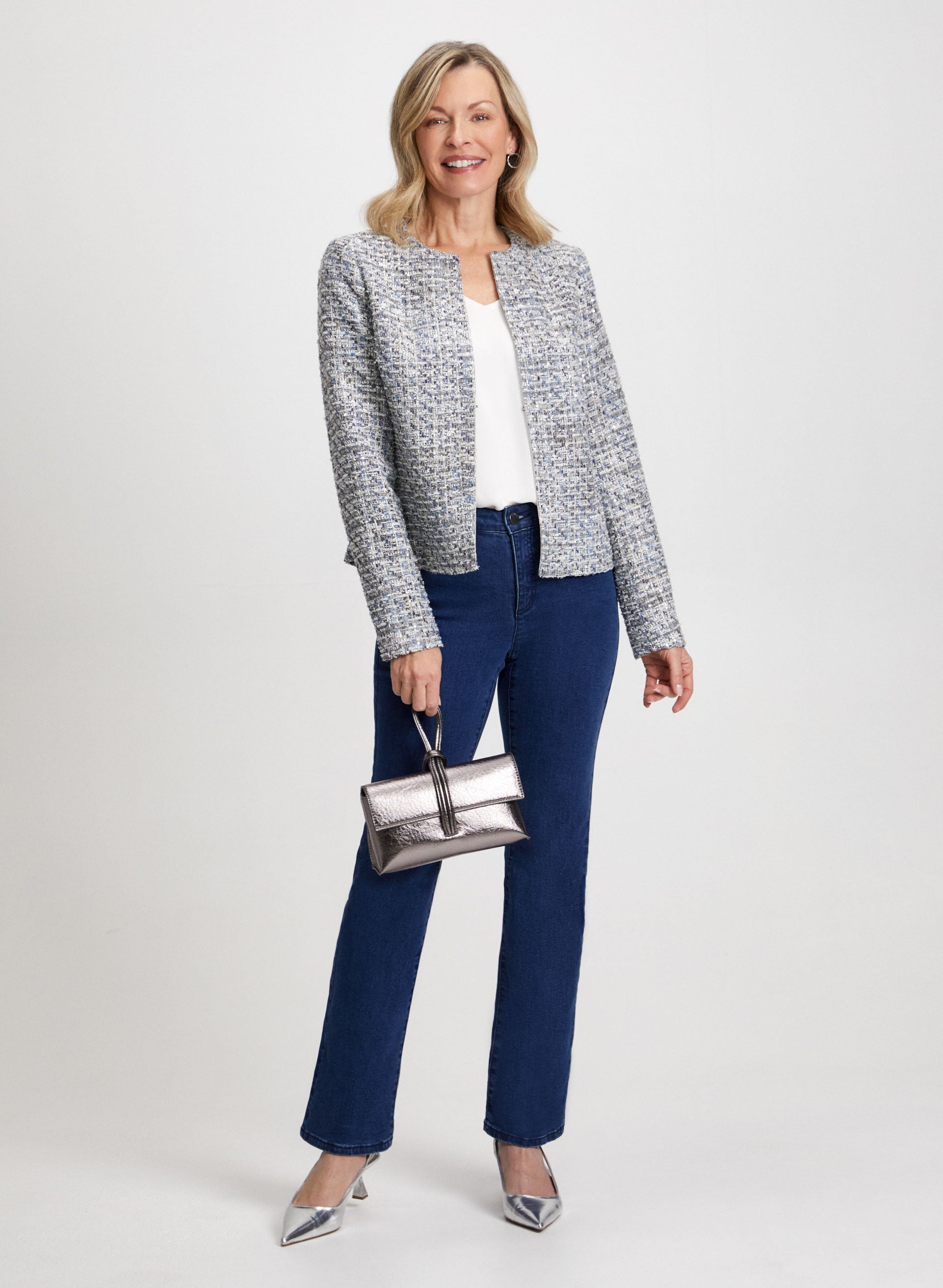 Bouclé Knit Jacket & High Waist Skinny Jeans Set - Women's Casual Outfit for Fall Winter Fashion | Perfect for Office, Dating & Street Style