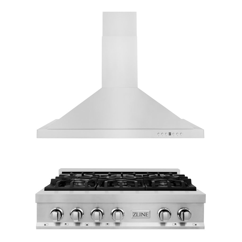 ZLINE 36-inch Stainless Steel Gas Rangetop with Convertible Range Hood - Professional Kitchen Package (2KP RTRH36) for Home Chefs & Modern Kitchens