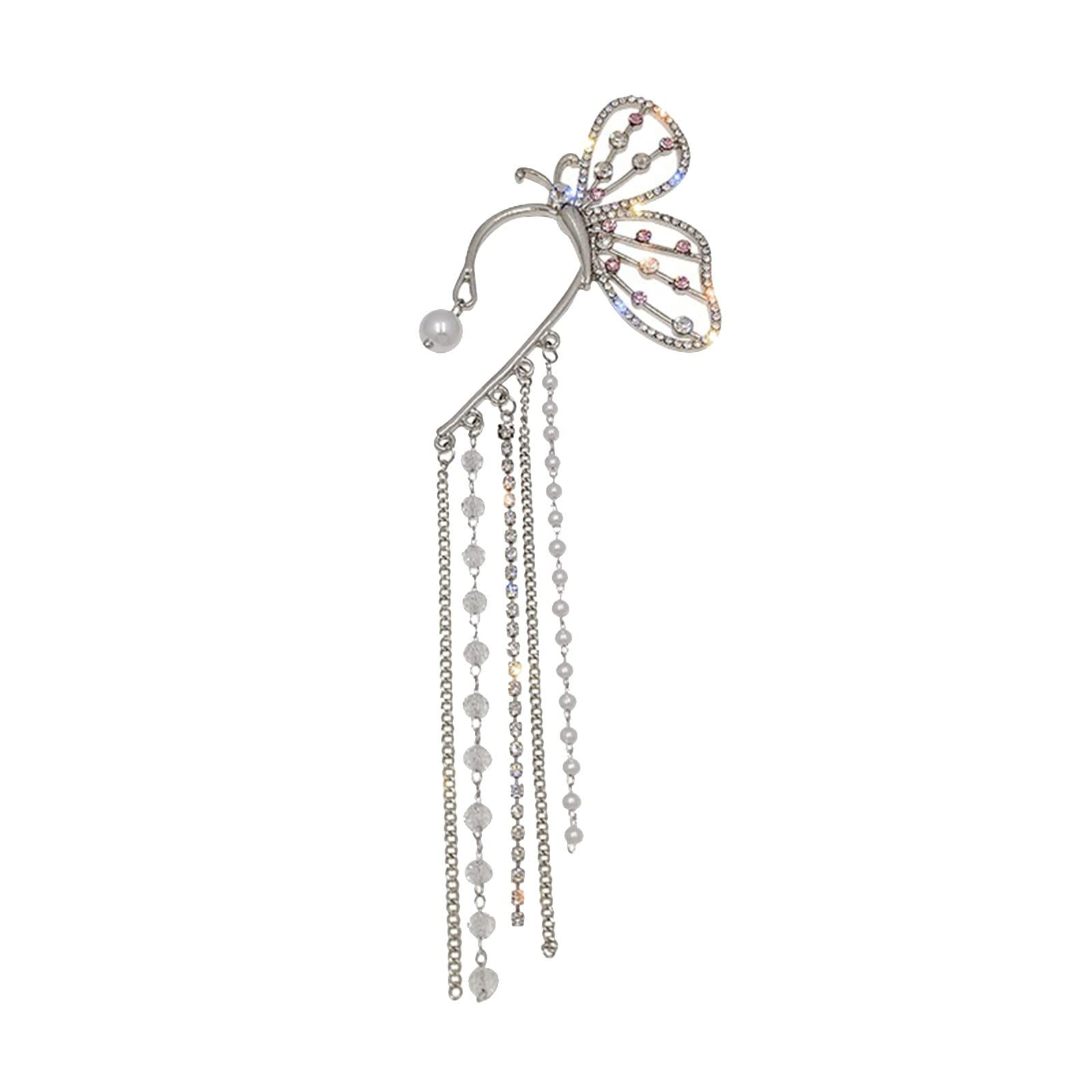 Pearl Rhinestone Butterfly Tassel Ear Clips for Girls & Women - No Piercing Zircon Earrings, Cuff Wrap Ear Jewelry - Perfect for Parties, Weddings & Everyday Wear (One Size)