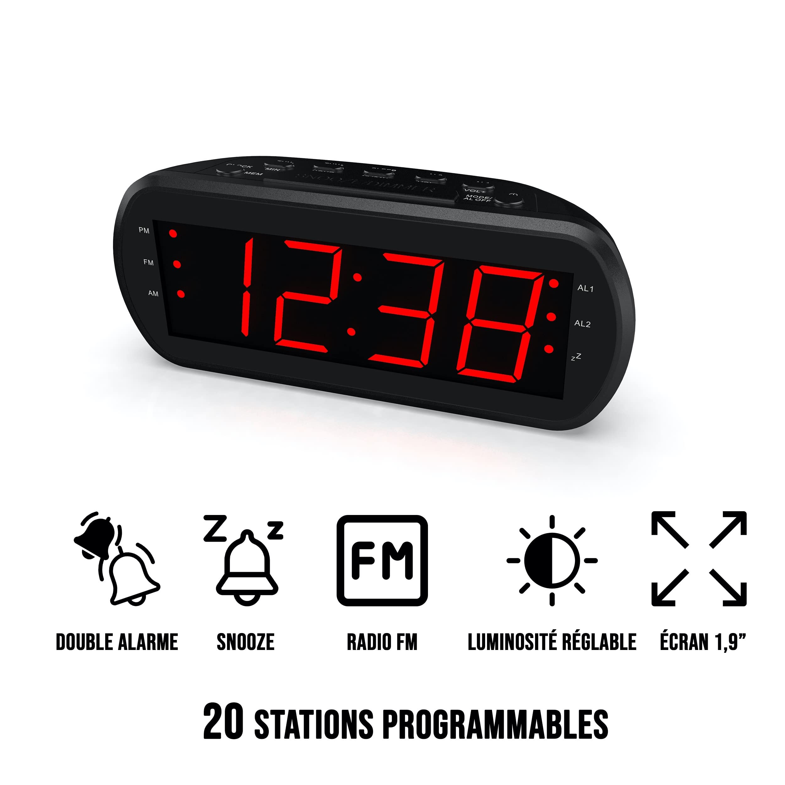 **Large Digital Alarm Clock Radio with FM, Dual Alarms, Red LED Display & Built-in USB Charging Port - Black - Perfect for Bedroom, Office, Travel**
