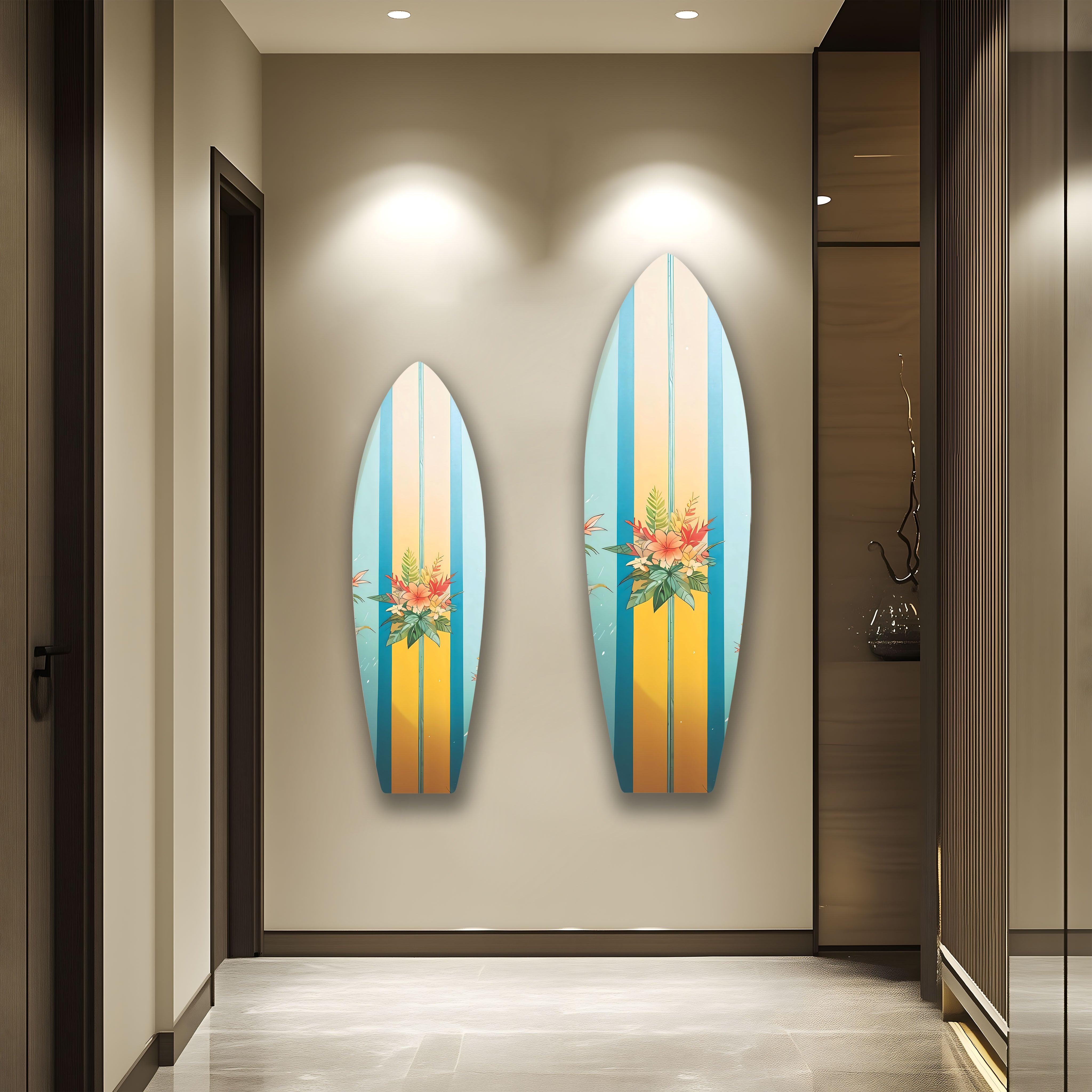 Blue and Brown Floral Surfboard Wall Art - Coastal Beach Decor for Living Room, Bedroom, or Office