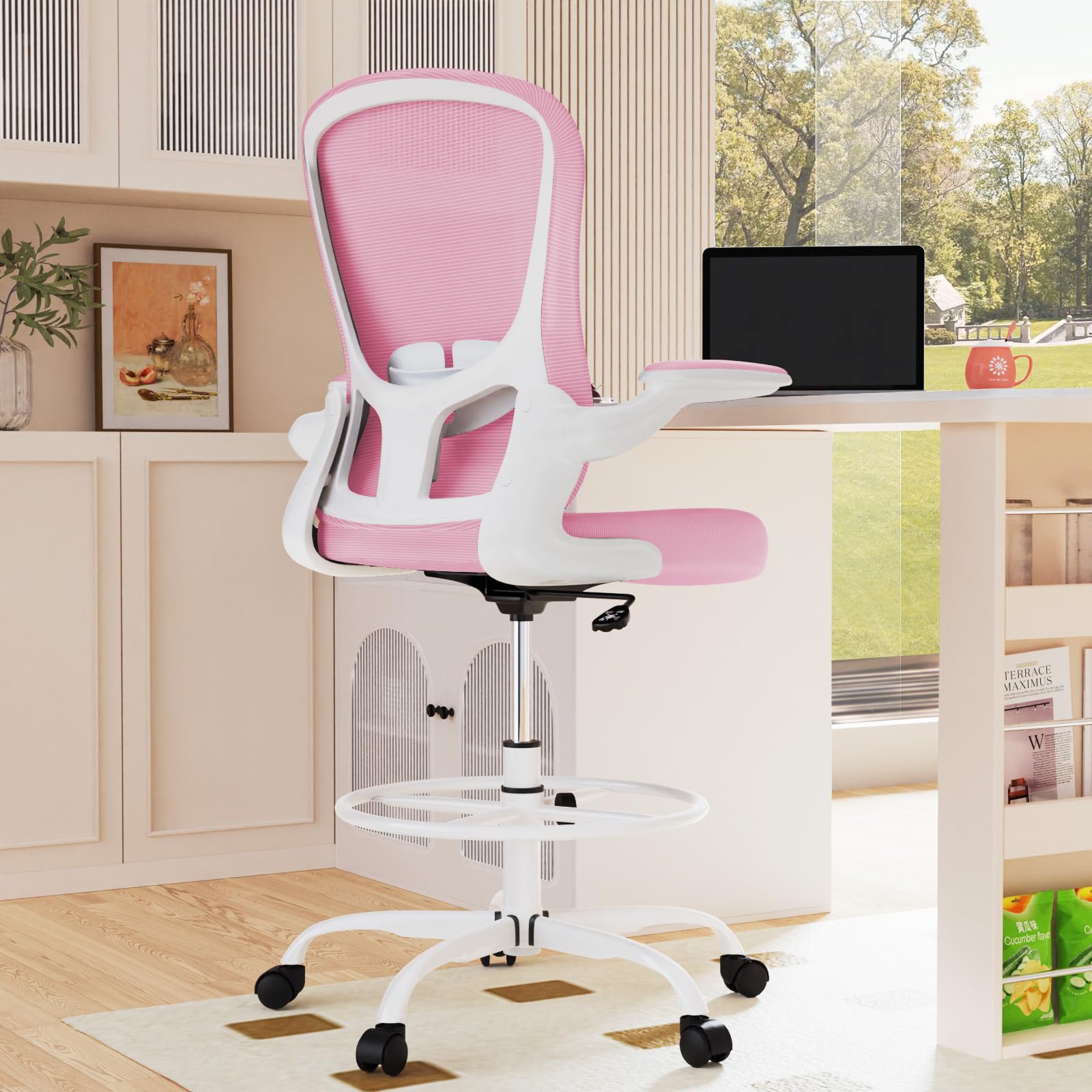 Ergonomic Drafting Chair with Flip-Up Armrests & Adjustable Footrest - Tall Office Chair for Standing Desks - Executive Computer Chair with Lumbar Support - Perfect for Architects, Designers & Home Office Workspaces