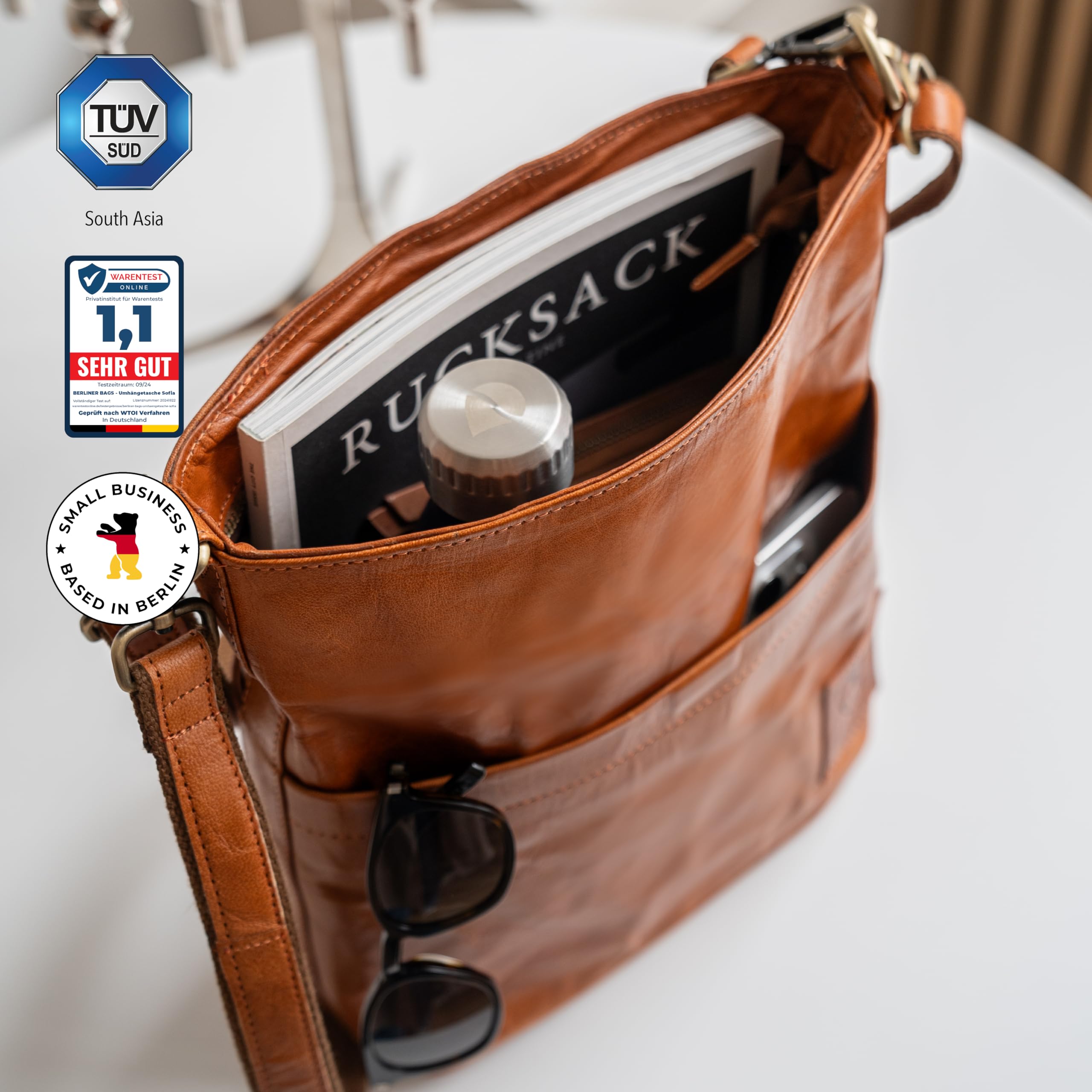 BERLINER BAGS Vintage Genuine Leather Shoulder Bag Sofia - Women's Crossbody Purse & Handbag for Everyday Use, Work, Travel & Date Night