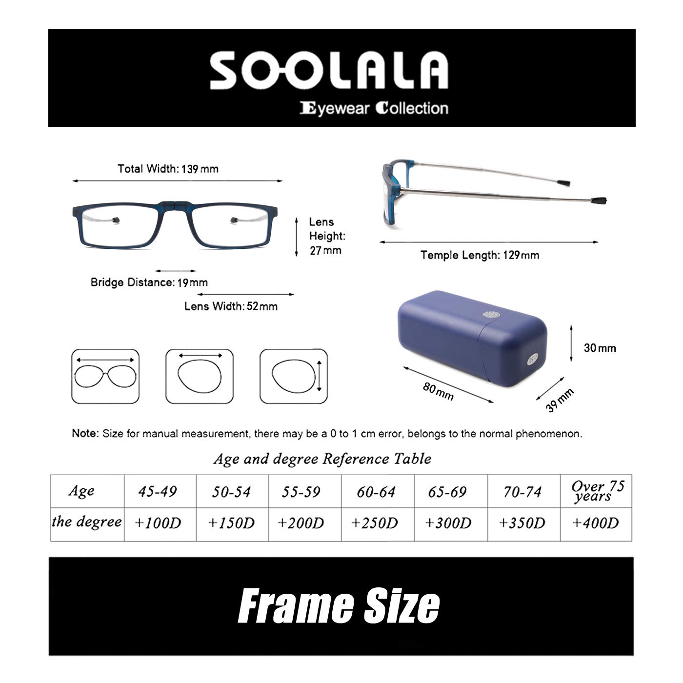 SOOLALA Super Lightweight Compact Foldable Reading Glasses - Portable Mini Readers for Men & Women - Perfect for Travel, Reading, and Everyday Use