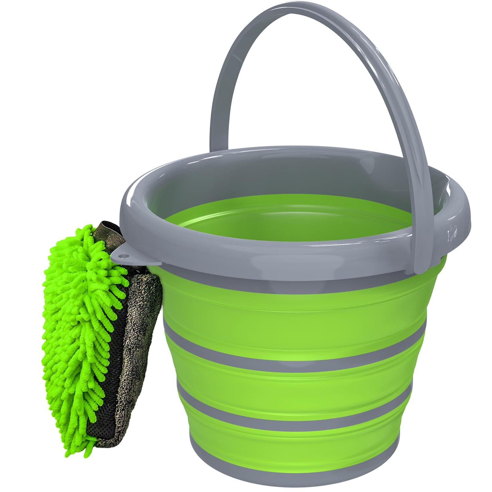 Collapsible 10L (2.6 Gallon) Car Wash Bucket with Microfiber Mitt - Portable Water Bucket with Handle for Auto Detailing, Household Cleaning & Outdoor Use - Green - Perfect for Car Washing, Camping & Home Cleaning Tasks