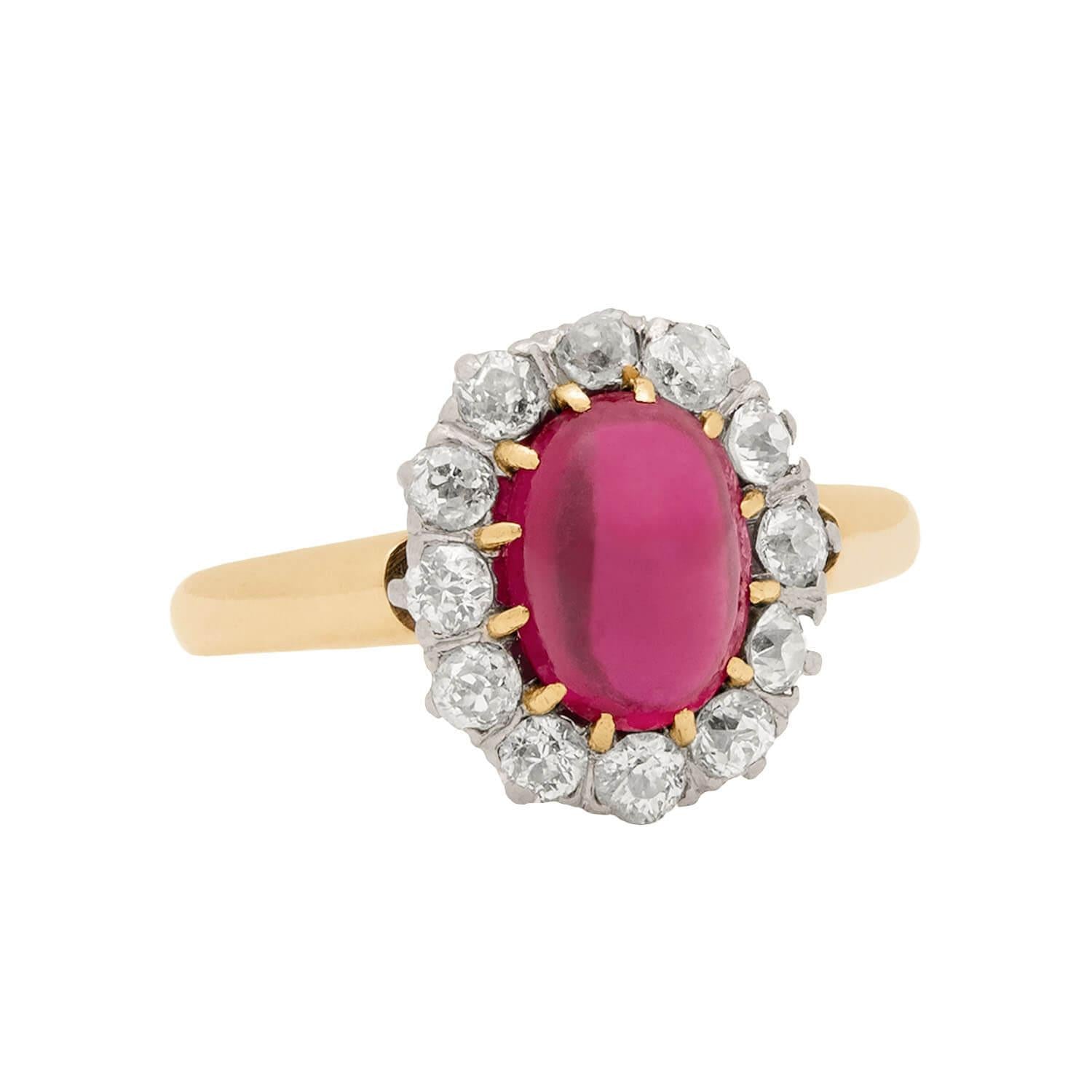 Victorian Style 14k Gold & Sterling Silver Ruby Cabochon Diamond Cluster Engagement Ring for Women - Perfect for Proposals, Weddings & Anniversaries