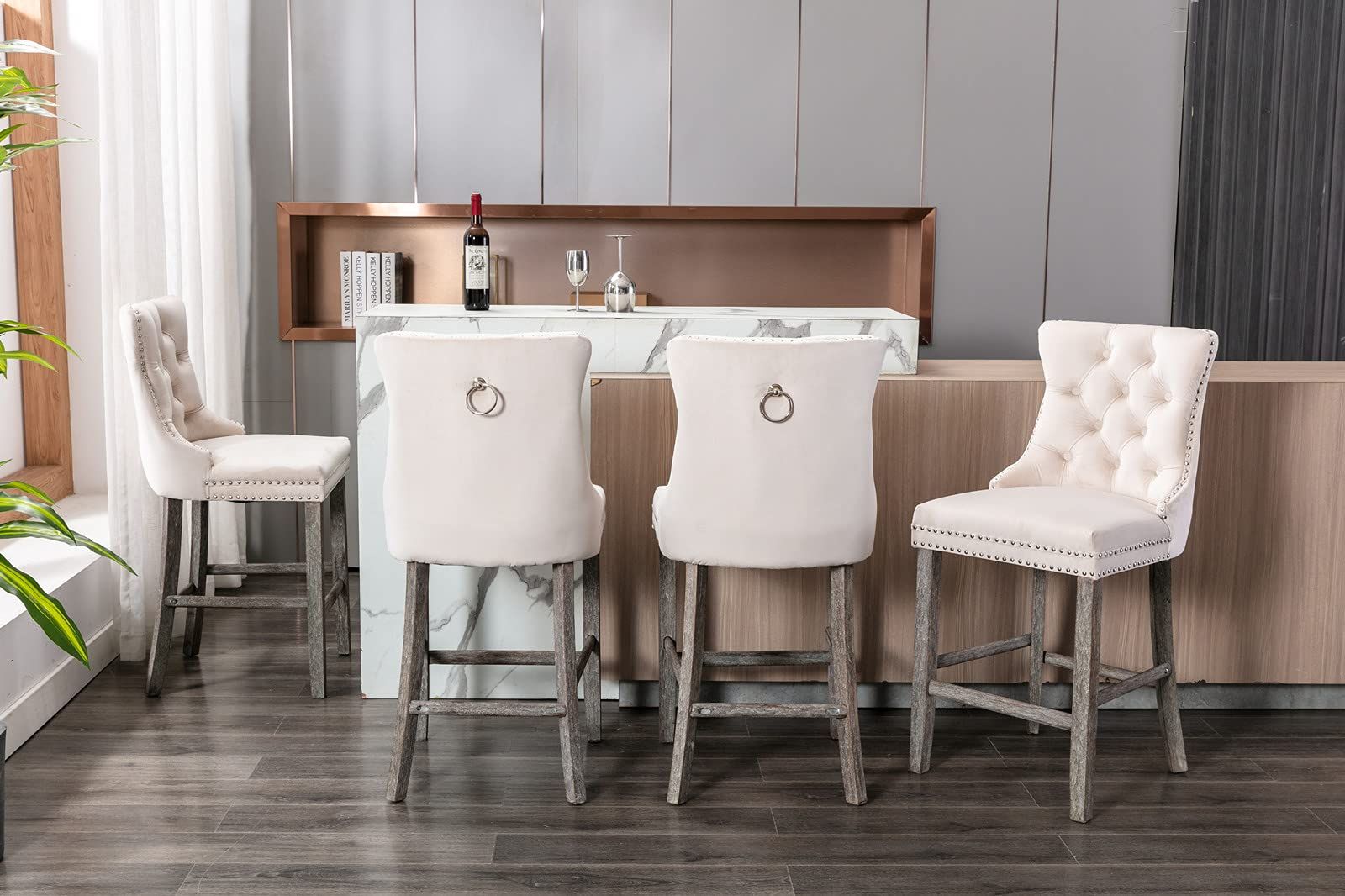 4 Velvet Bar Stools with Studs Trim & Wooden Legs - Tufted Dining Chairs for Kitchen Counter, Breakfast Nook & Home Bar - Comfortable Seating for Entertaining