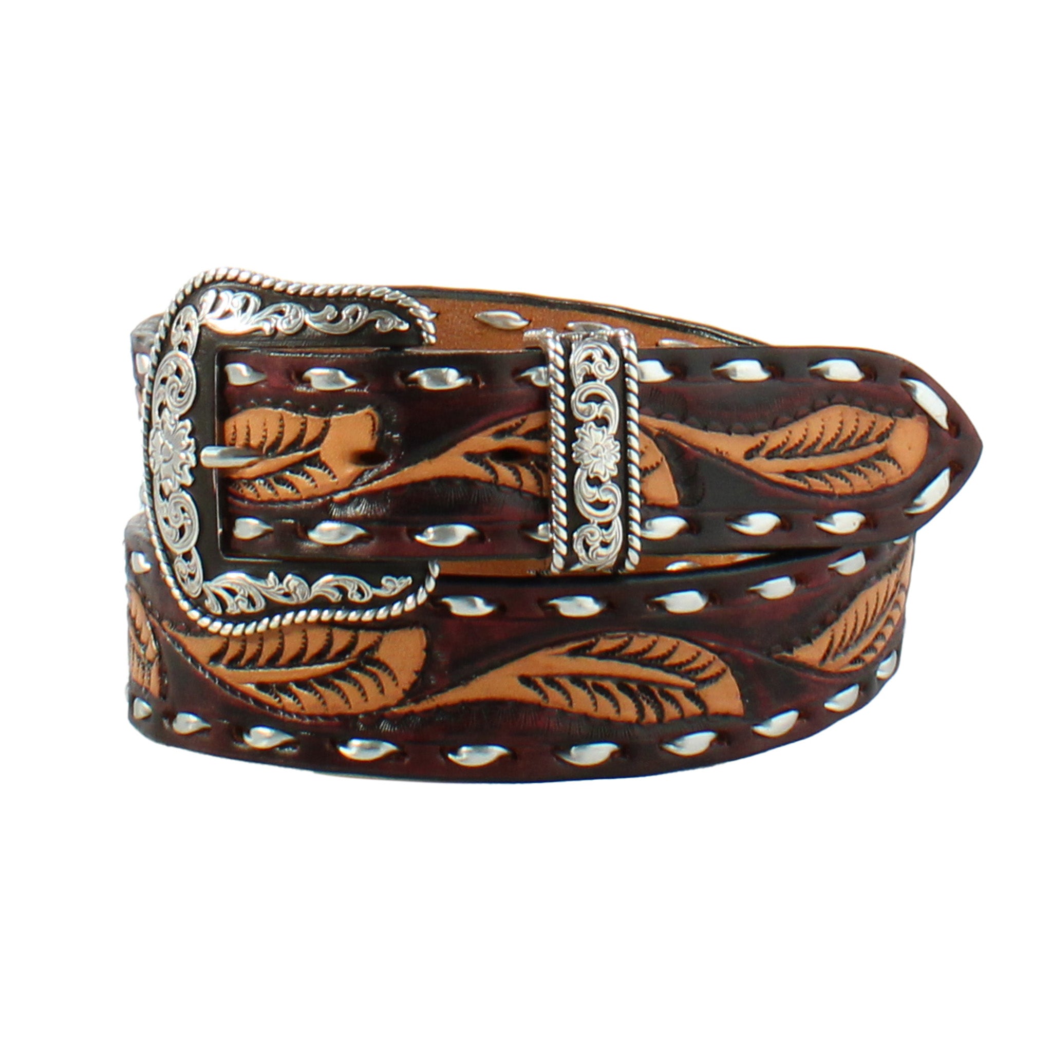 Angel Ranch Women's Tooled Leaf Belt - Genuine Leather Western Belt for Women - Perfect for Cowgirl Boots, Jeans & Country Style Outfits