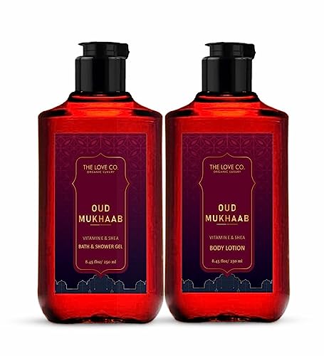 THE LOVE CO. Oud Mukhaab Body Wash & Moisturizing Cream Set for Dry Skin - Hydrating Body Lotion with Shea Butter & Vitamin E - 250ml Each (Pack of 2) - Perfect for Daily Skincare & Luxurious Bath Experience