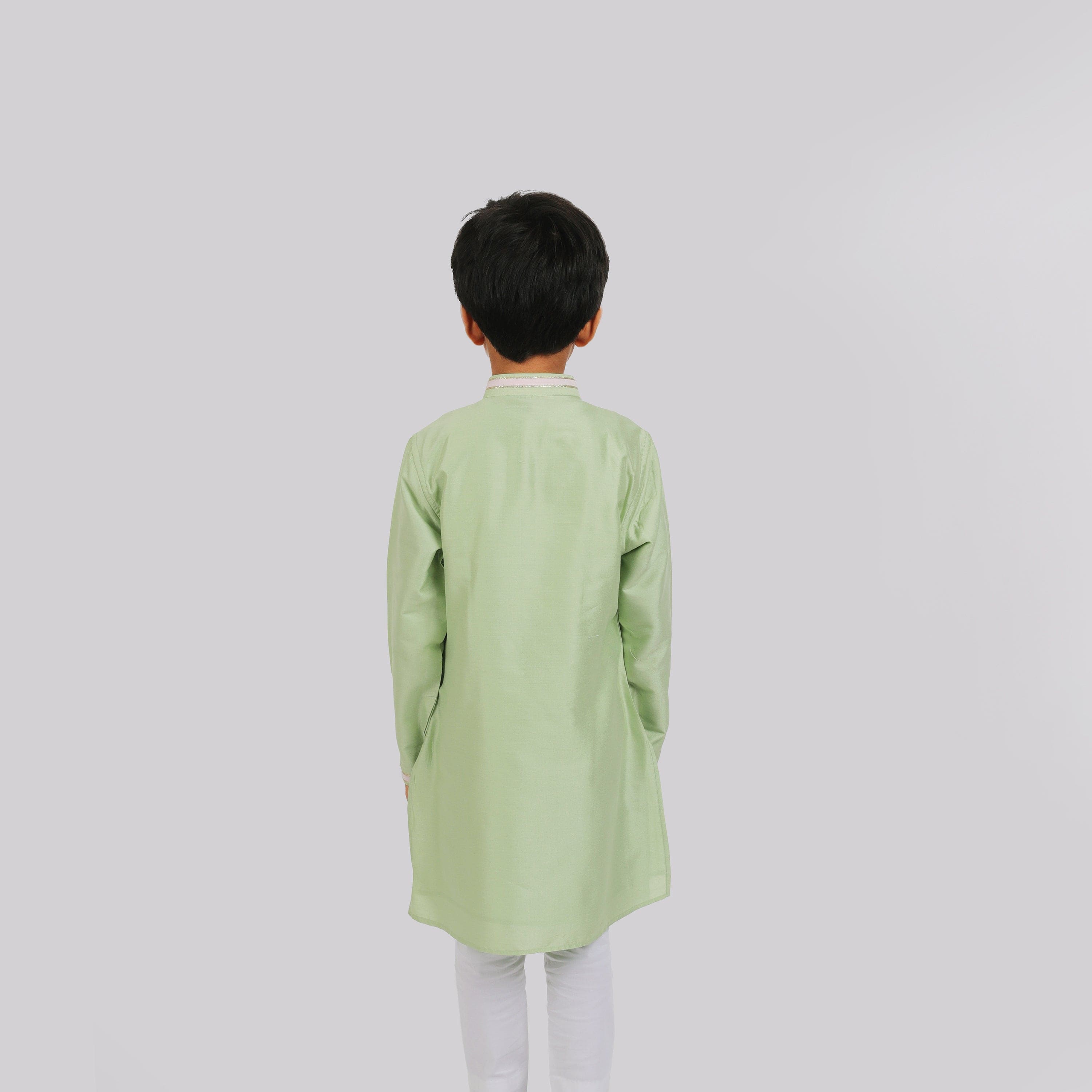 Pre Order: Pista Green Kurta with Neck Embroidery & White Pajama Set for Boys - Perfect for Eid, Weddings & Festive Occasions