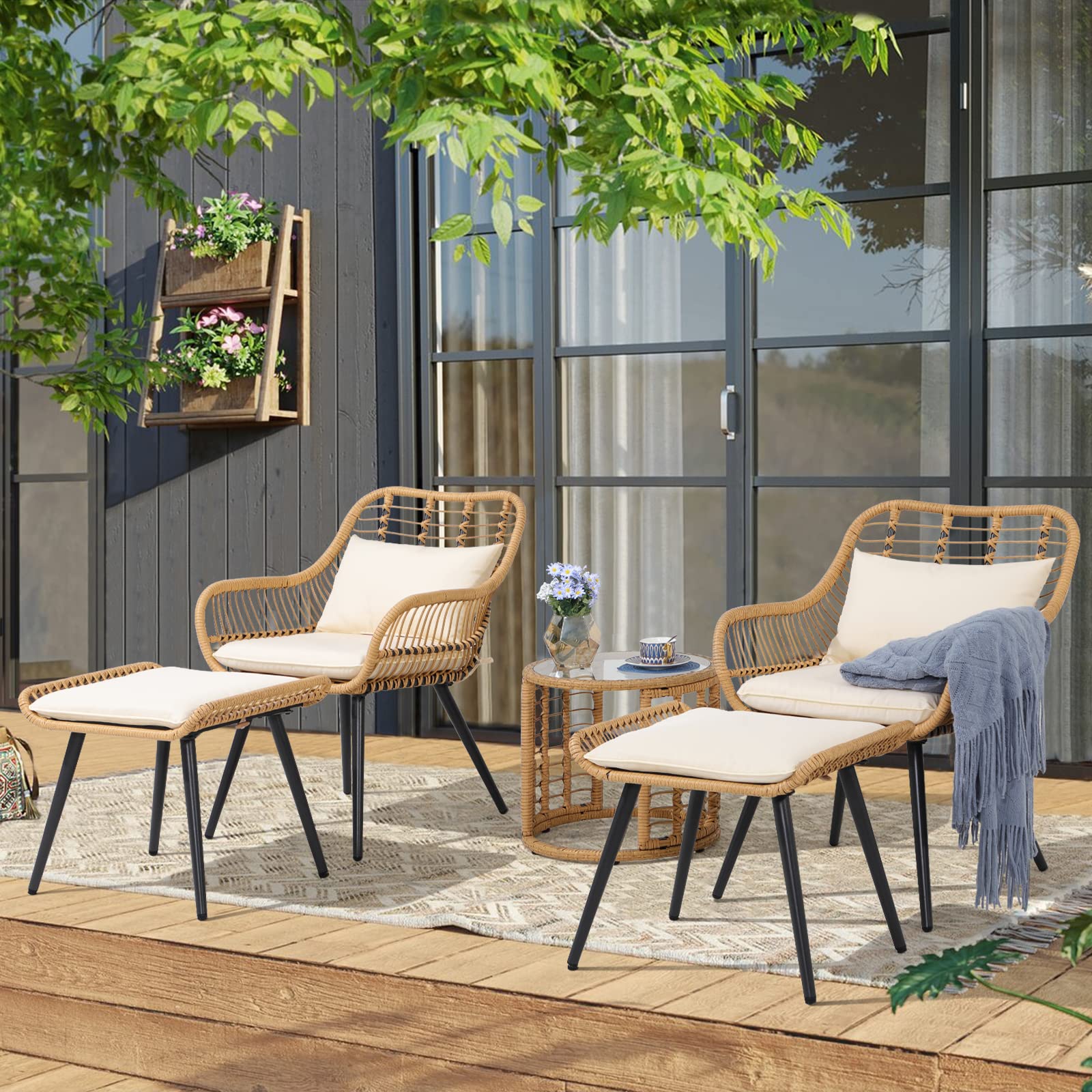 JOIVI 5-Piece All-Weather Outdoor Wicker Furniture Set - Rattan Bistro Conversation Set with 2 Ottomans & Coffee Table - Patio Rattan Sofa Set for Balcony, Garden, Backyard, Poolside (White) - Perfect for Relaxing, Entertaining & Outdoor Dining