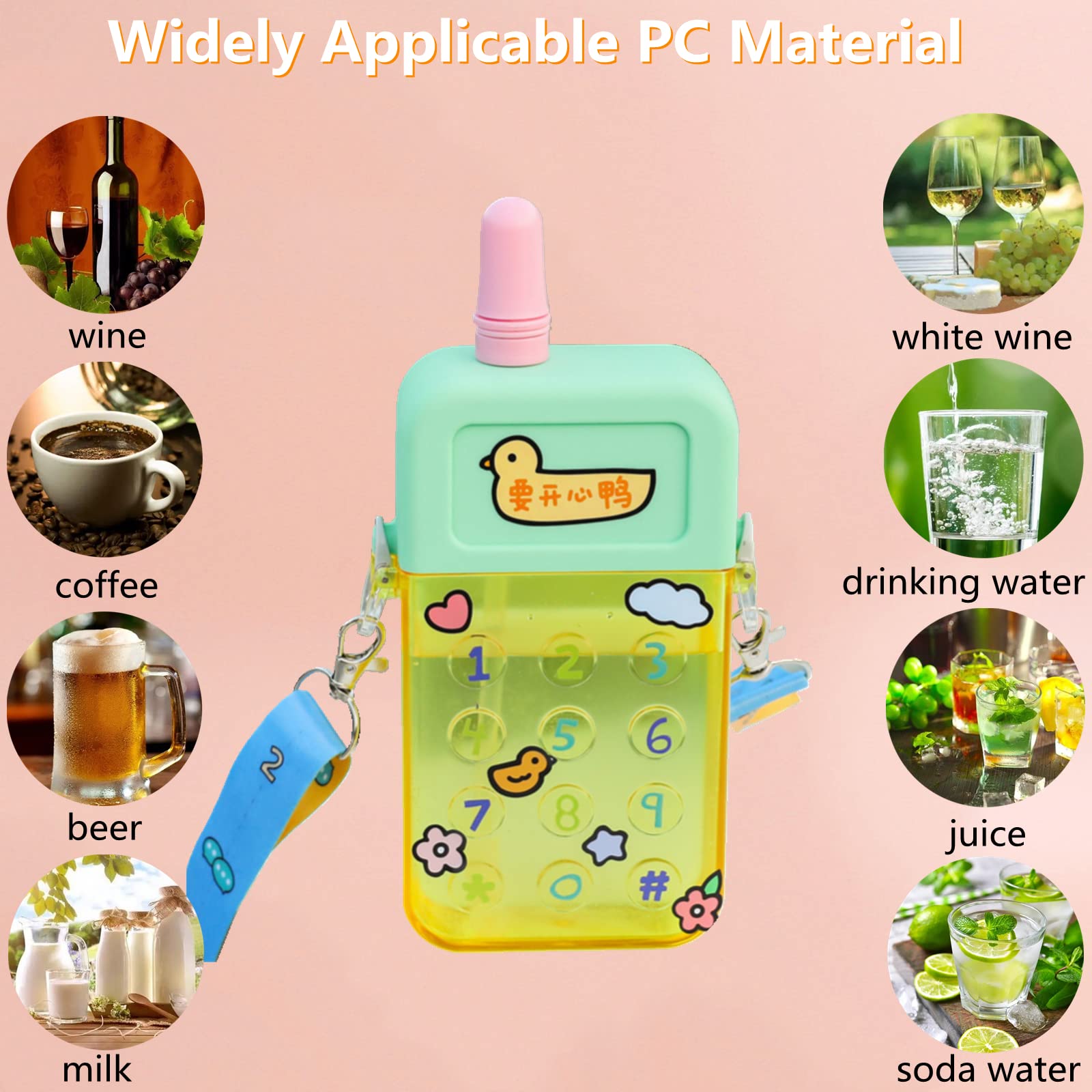 Kids Cute Kawaii Phone-Shaped Water Bottle with Straw - BPA Free Leakproof Plastic Juice Cup with Adjustable Shoulder Strap for School, Outdoor, Camping & Sports | Perfect for School Lunches, Playdates & Family Outings (Pink A)