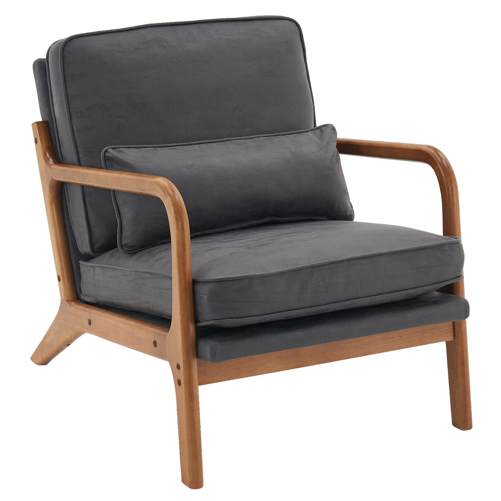 Mid Century Modern Accent Chair - Solid Oak Wood Frame with Upholstered Seat - Single Lounge Chair for Living Room, Bedroom, Office - Dark Grey - Perfect for Reading Nook, Cozy Corner & Home Decor