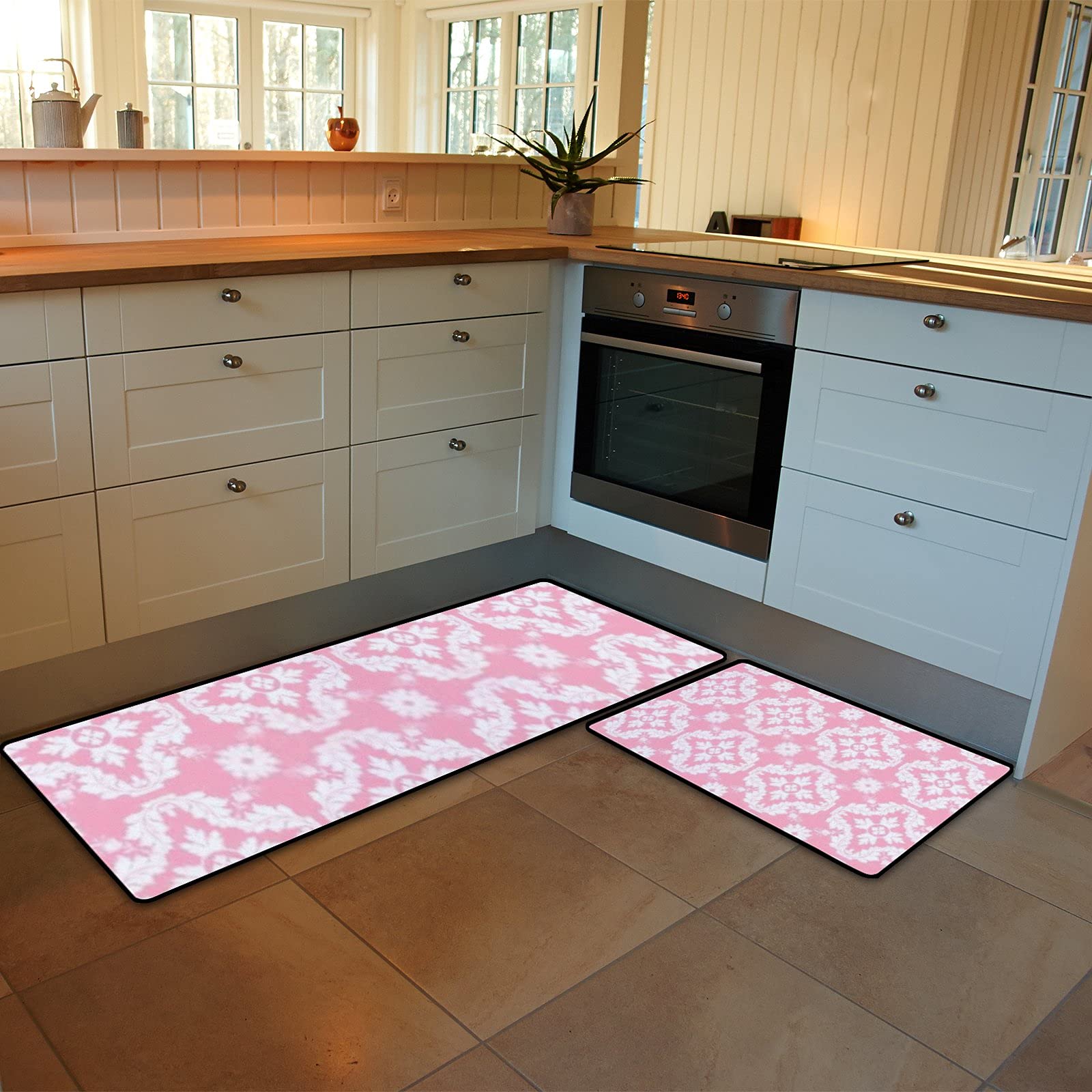 2-Piece Anti-Fatigue Kitchen Rugs Set - Non-Slip Washable Floor Mats in Pink & White Damask Pattern for Comfortable Standing - Perfect for Kitchen, Home, Office & High-Traffic Areas