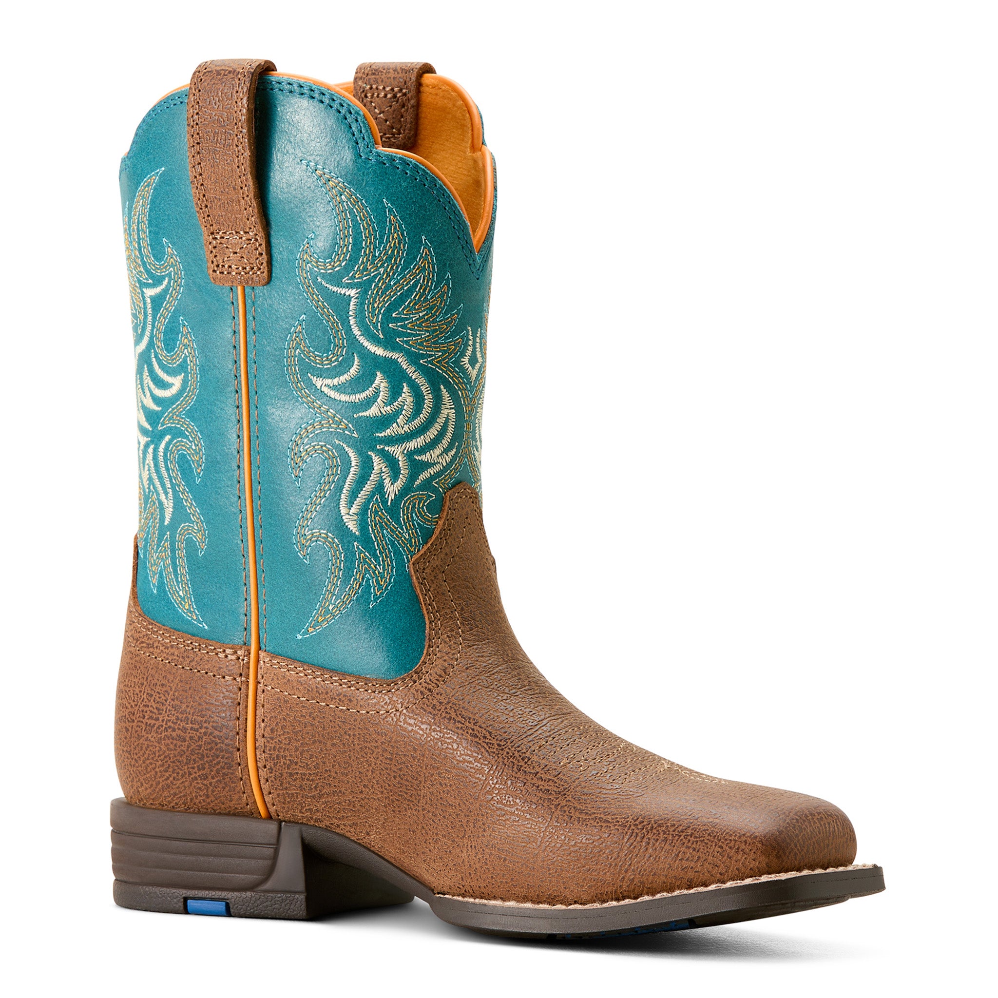 Ariat Kids Western Cowboy Boots - Tan & Turquoise Square Toe - Durable Leather Riding Boots for Boys & Girls | Perfect for Rodeo, Horseback Riding & Country Fashion