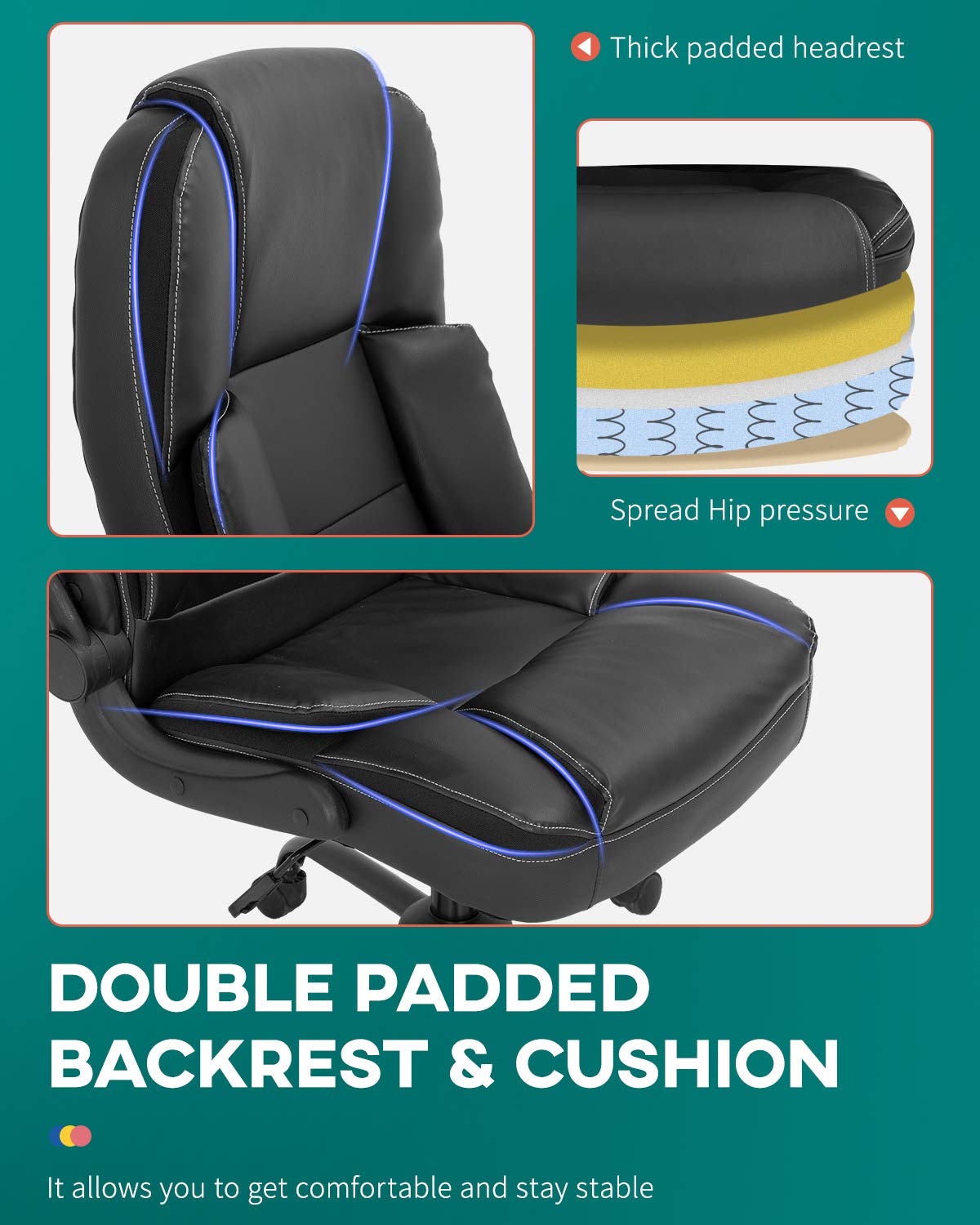 Ergonomic Office Chair with Lumbar Support - PU Leather Executive Desk Chair, Adjustable Flip-Up Armrests, Swivel Rolling Task Chair for Home & Office (Black) - Perfect for Long Work Hours, Gaming & Computer Use