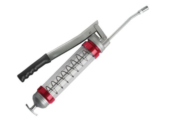 Clear Lever Action Grease Gun with Red End Caps - Heavy Duty Lubrication Tool for Automotive, Industrial & Farm Equipment Maintenance