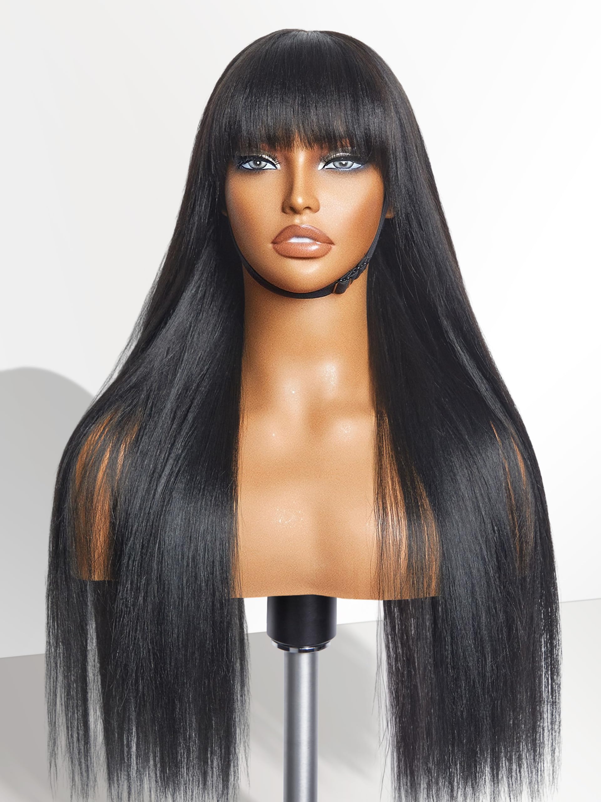 LUVME HAIR 16 Inch Yaki Straight Human Hair Wig with Bangs | Glueless Ready-to-Wear Wig | Ultra Natural Minimalist Lace Front Wig (Breathable Cap) for Everyday Wear, Cosplay & Special Occasions