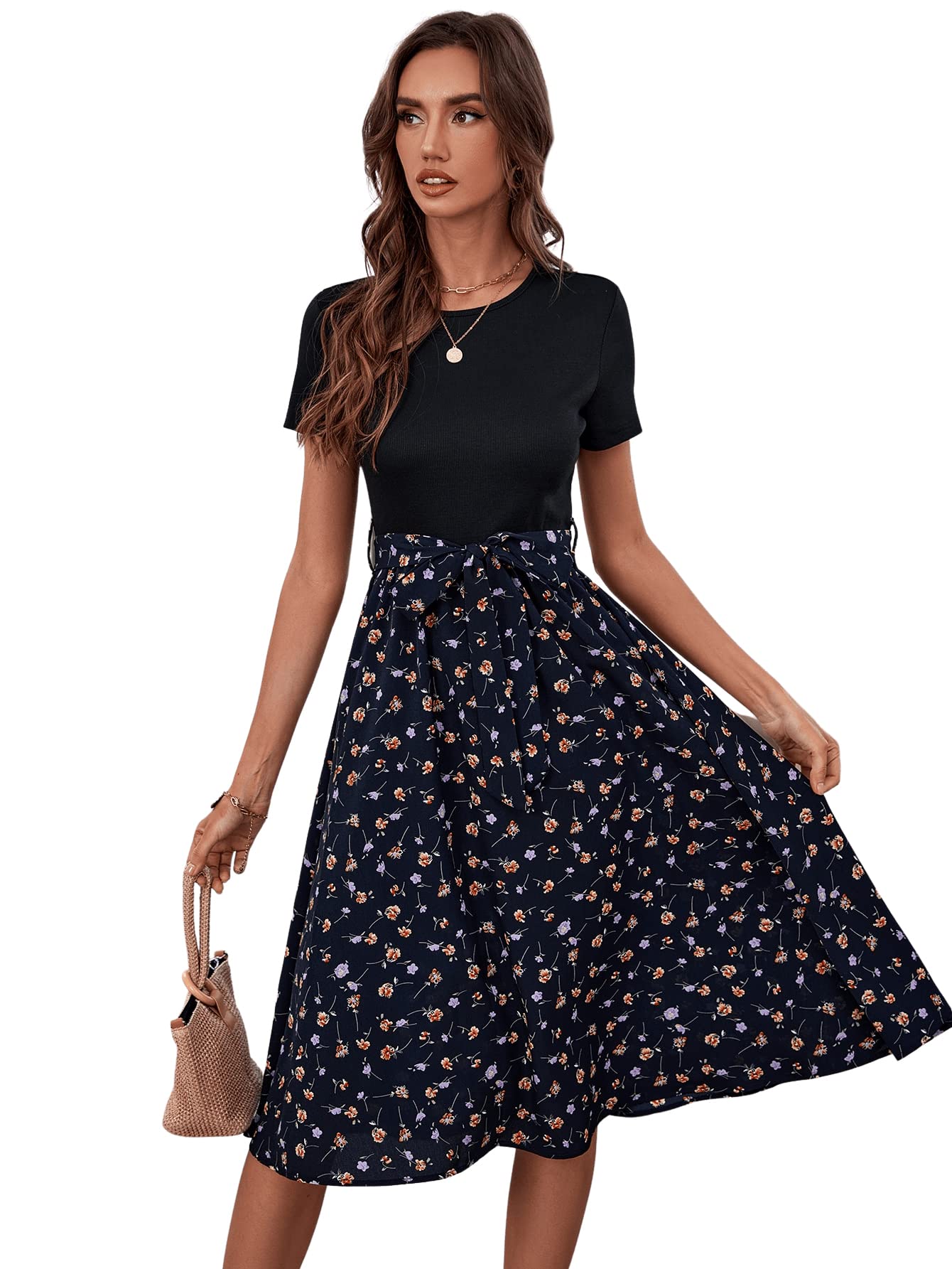 SweatyRocks Women's Floral Print Short Sleeve Tie Front A-Line Midi Dress - Casual Summer Dress for Beach, Party & Date Night