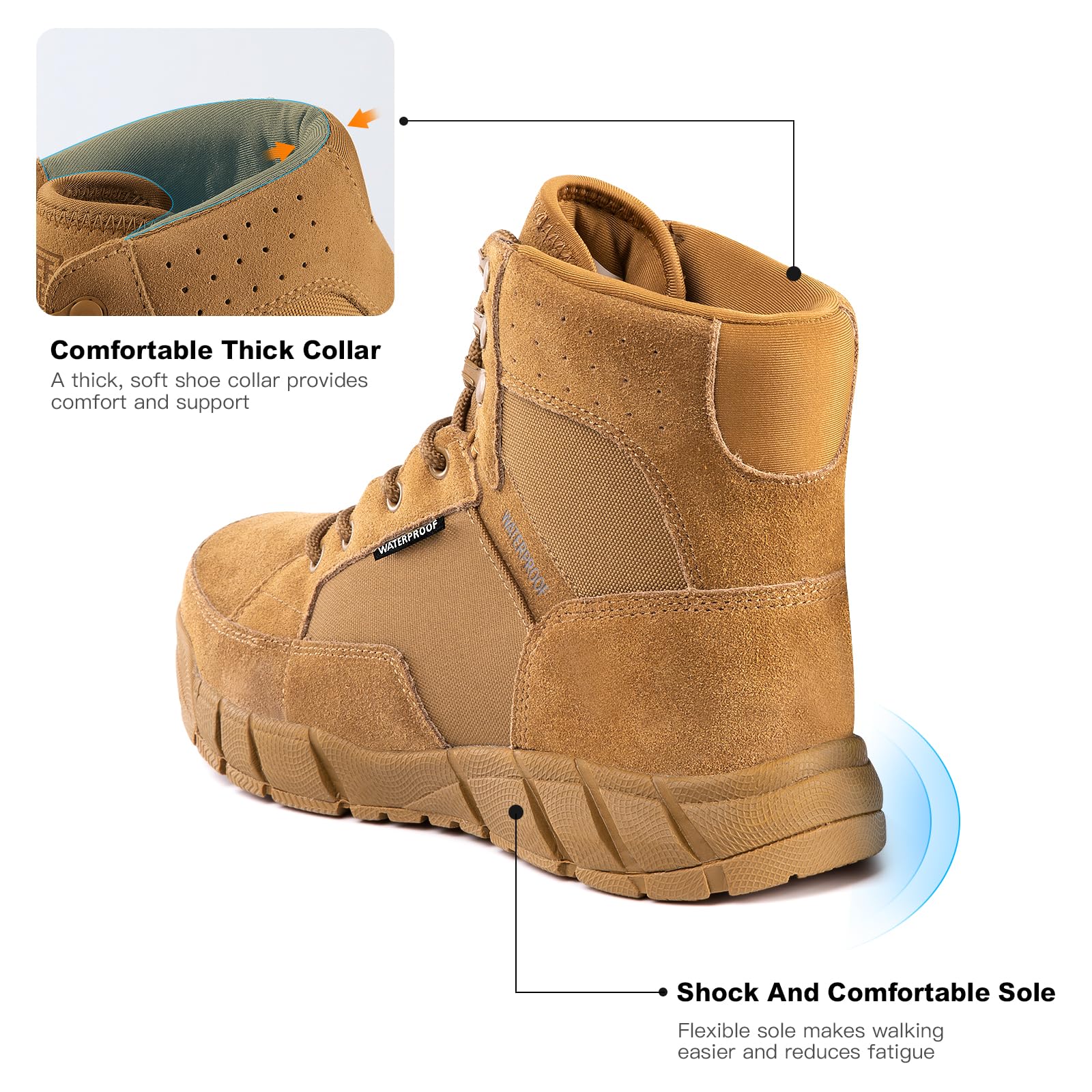 FREE SOLDIER Men's 6-Inch Waterproof Tactical Hiking Work Boots - Military Desert Boots for Outdoor Adventures, Hiking & Heavy Duty Work