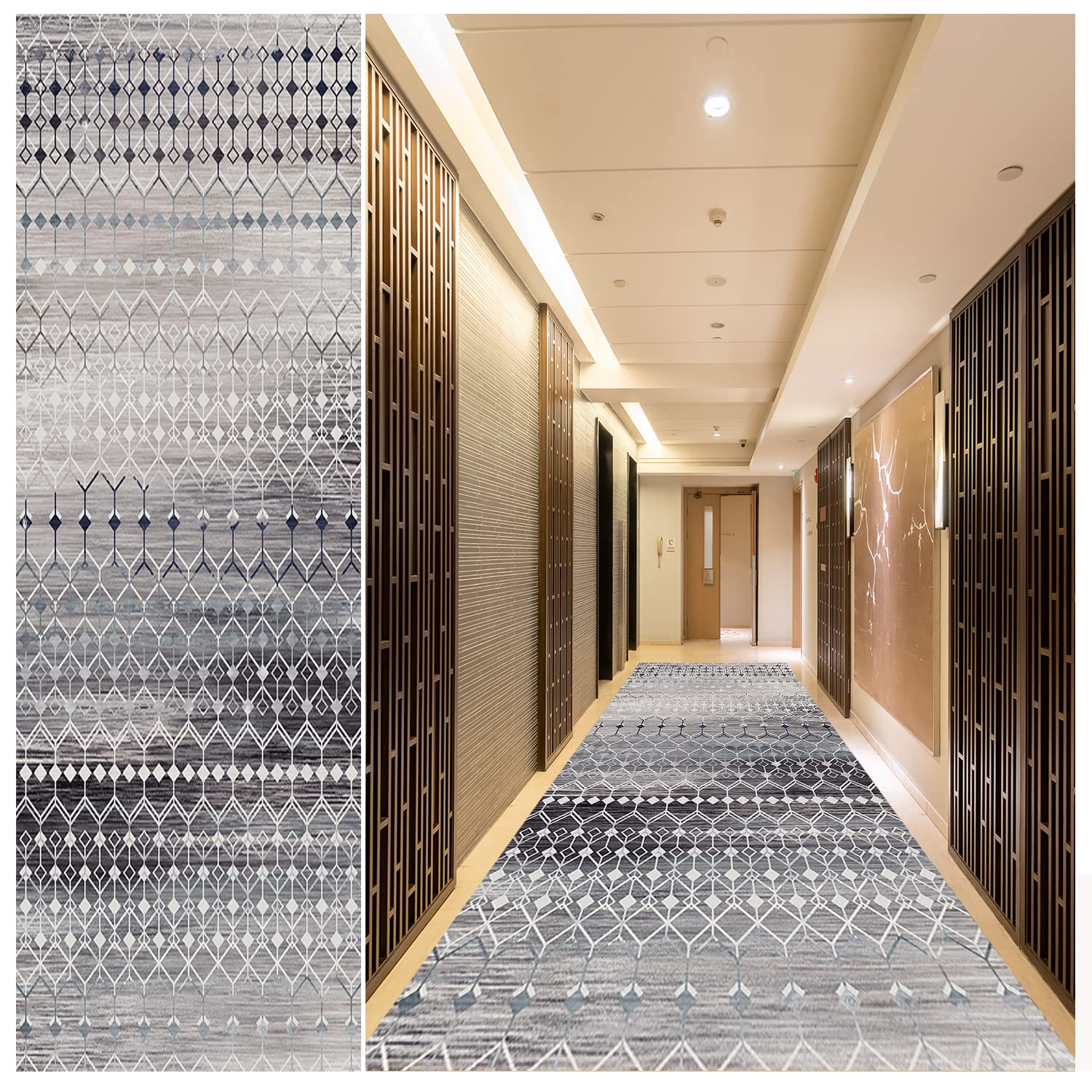 Non-Slip Washable Abstract Hallway Runner Rug 3.3' x 11' - Stain Resistant Rubber Backing Carpet for Kitchen, Living Room, Bedroom & Entryways - Modern Grey Blue Design - Perfect for High Traffic Areas & Home Decor