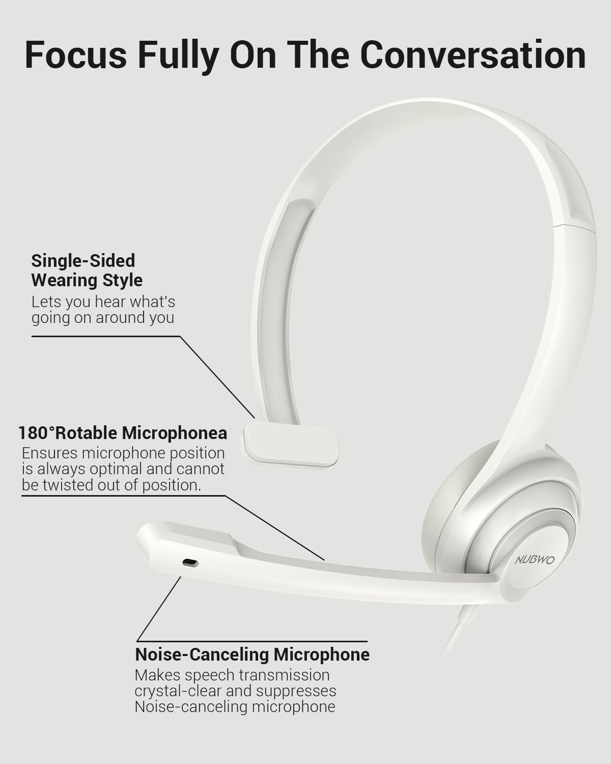 HW02 USB Headset with Microphone - Noise Cancelling Computer Headset with In-Line Volume Control, Lightweight & Comfortable Wired Headphones for PC, Laptop, Office, Call Center - Perfect for Zoom, Skype, Webinars, Online Classes (White)