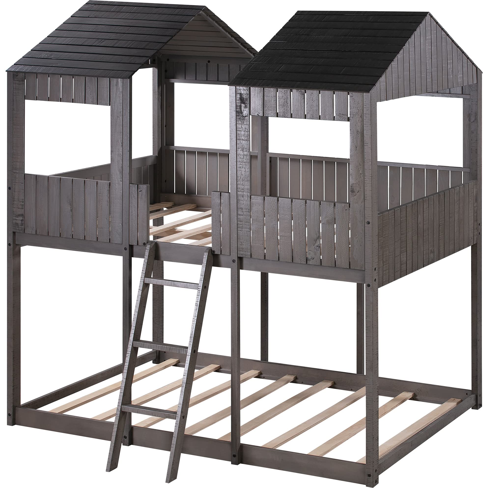 MERITLINE Full Over Full House Bunk Bed for Kids - Wooden Twin Size Loft Bed with Roof & Window - No Box Spring Needed - Antique Gray - Perfect for Toddlers, Teens, Boys & Girls Bedrooms, Playrooms & Sleepovers