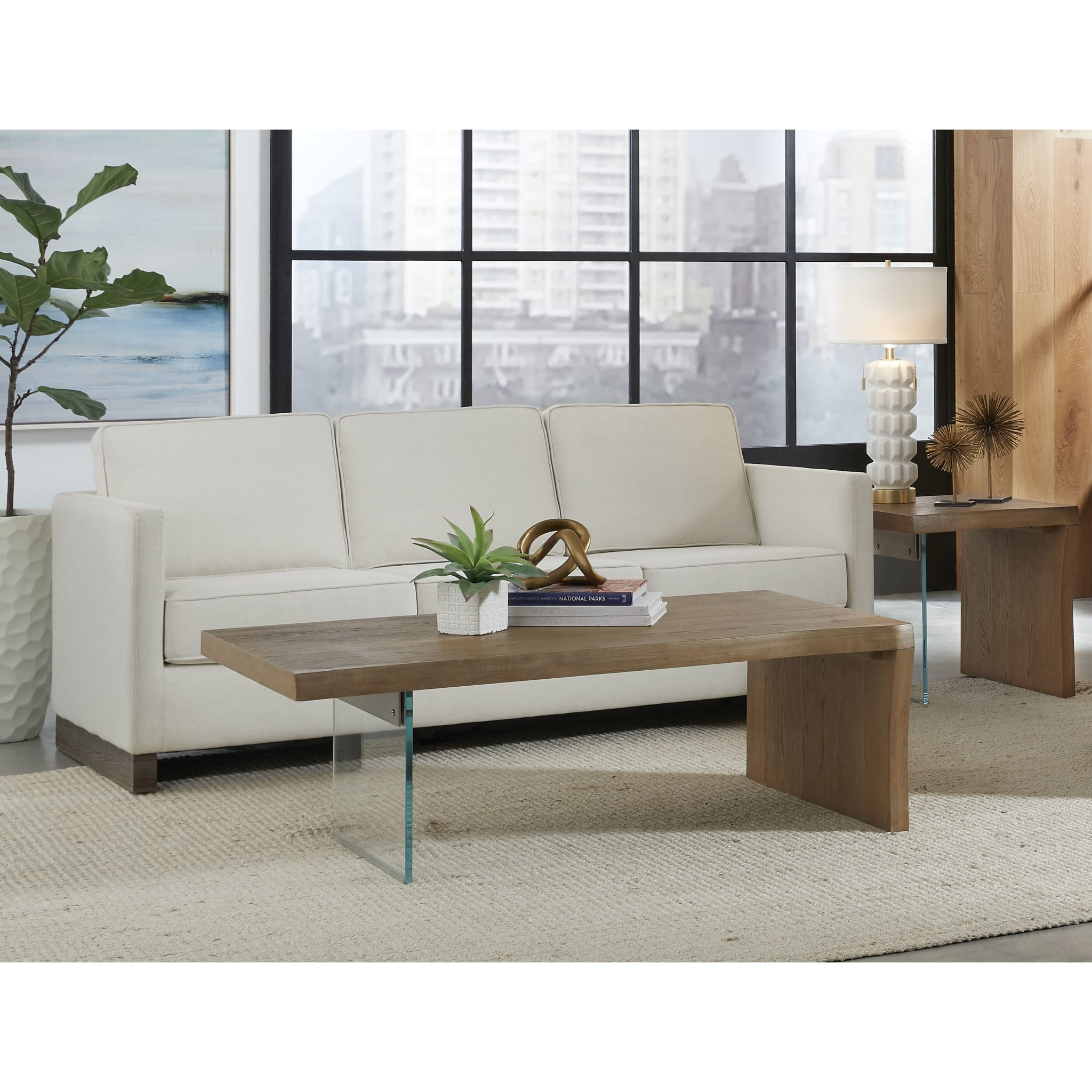 Live Edge White Oak and Glass Coffee Table - Natural Wood & Modern Design for Living Room, Lounge, or Office - Bisque Finish