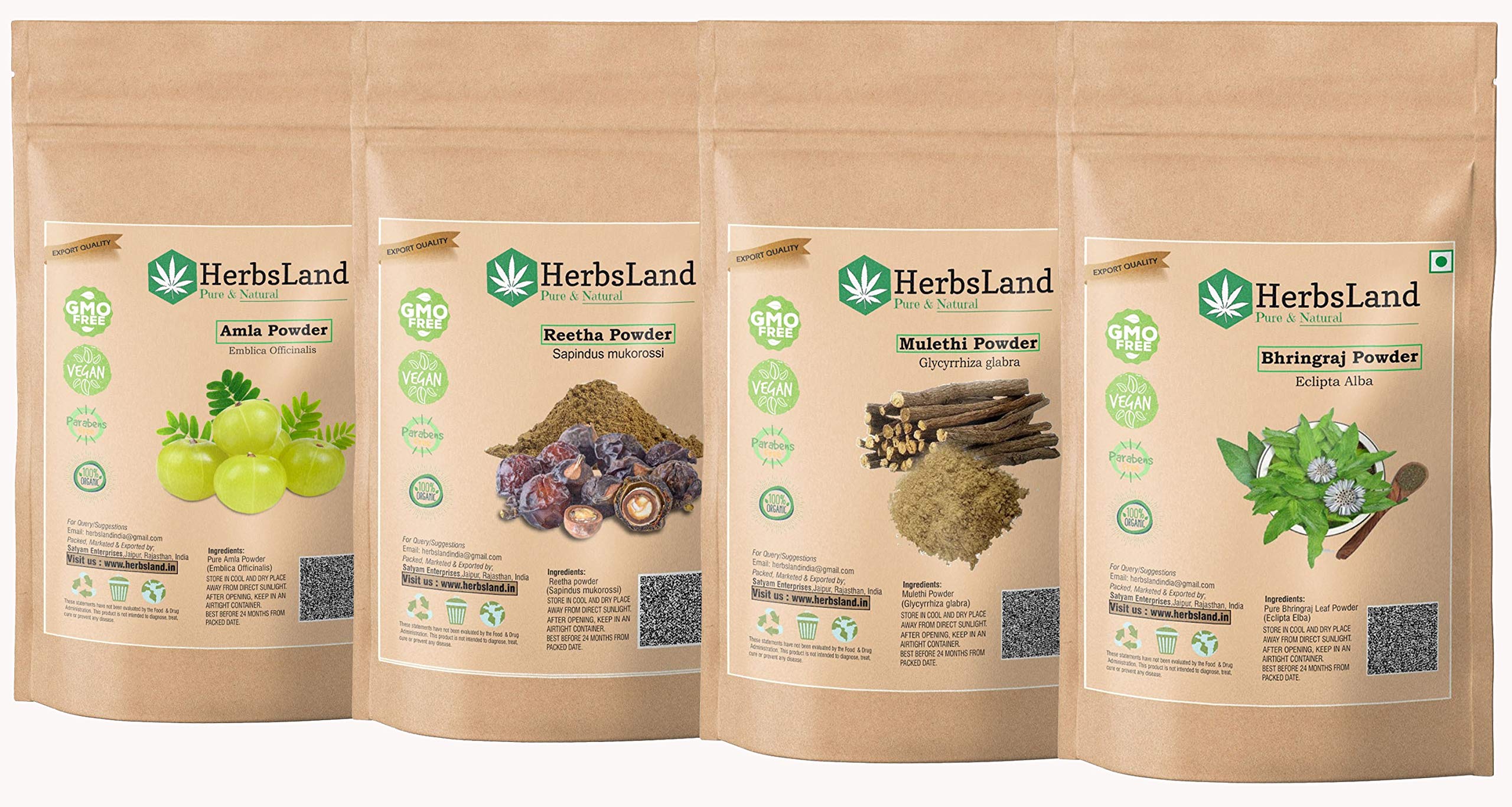 HerbsLand® 100% Organic Amla Reetha Mulethi Bhringraj Powder for Hair Growth & Scalp Treatment - Natural Ayurvedic Herbal Blend for Face & Body Care, Skin Whitening & Conditioning (75g x 4 Pack) | Perfect for DIY Hair Masks, Shampoo & Skin Brightening Treatments