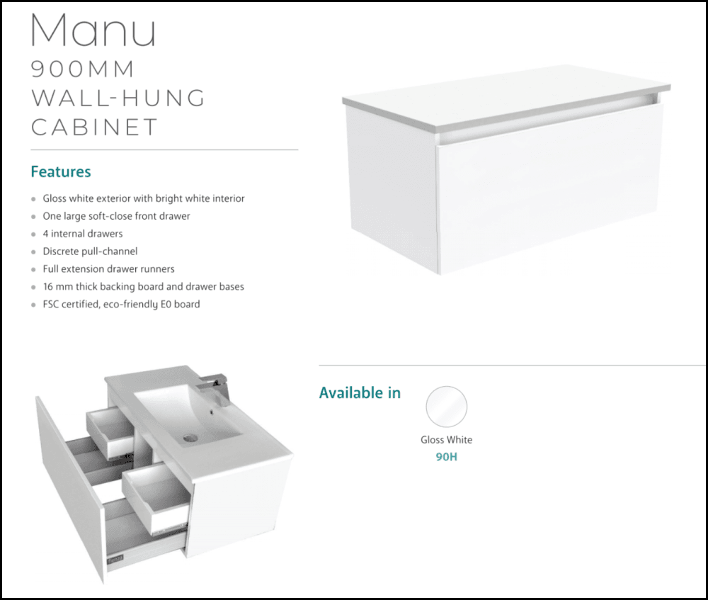 Fienza Dolce Manu TCL90H 900mm White Wall-Mounted Bathroom Vanity Unit - Modern Space-Saving Solution for Small Bathrooms & Powder Rooms