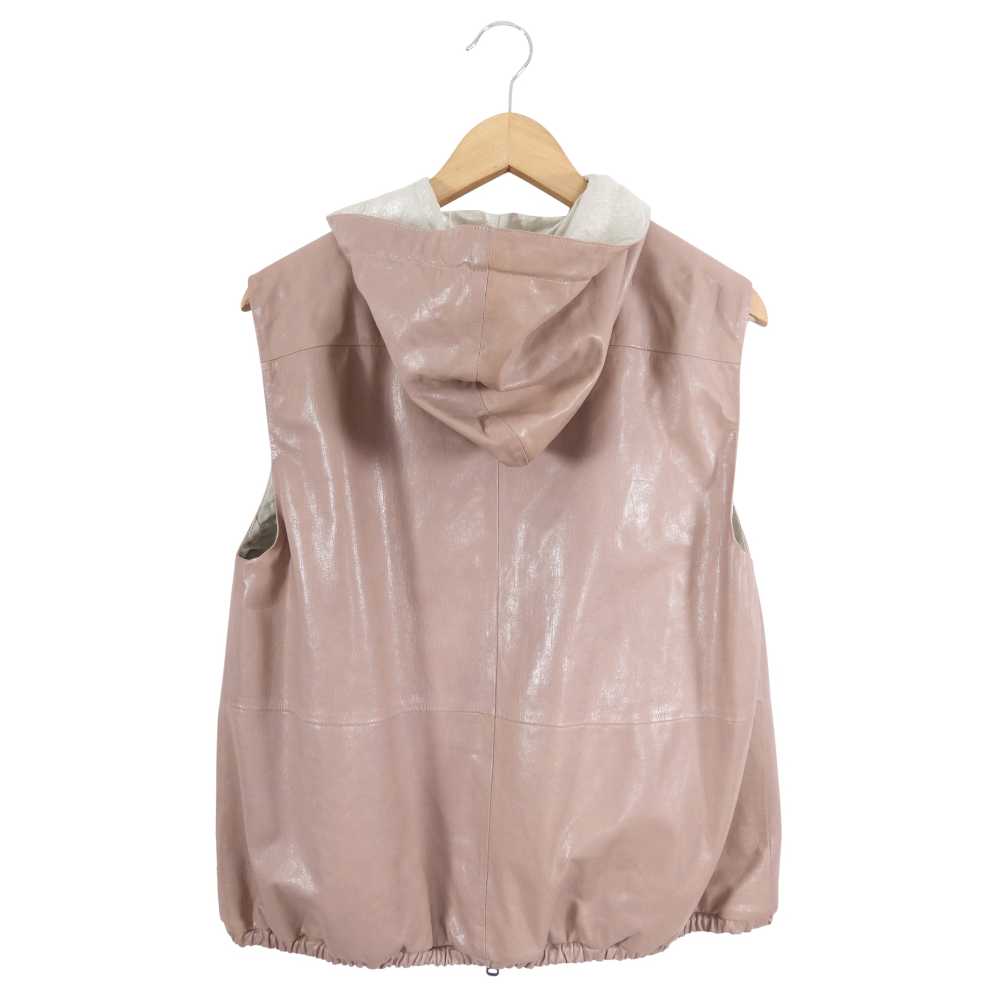 Brunello Cucinelli Reversible Hooded Vest in Quartz Pink Leather - Size IT44 / US 8 - Perfect for Layering in Fall & Winter Fashion