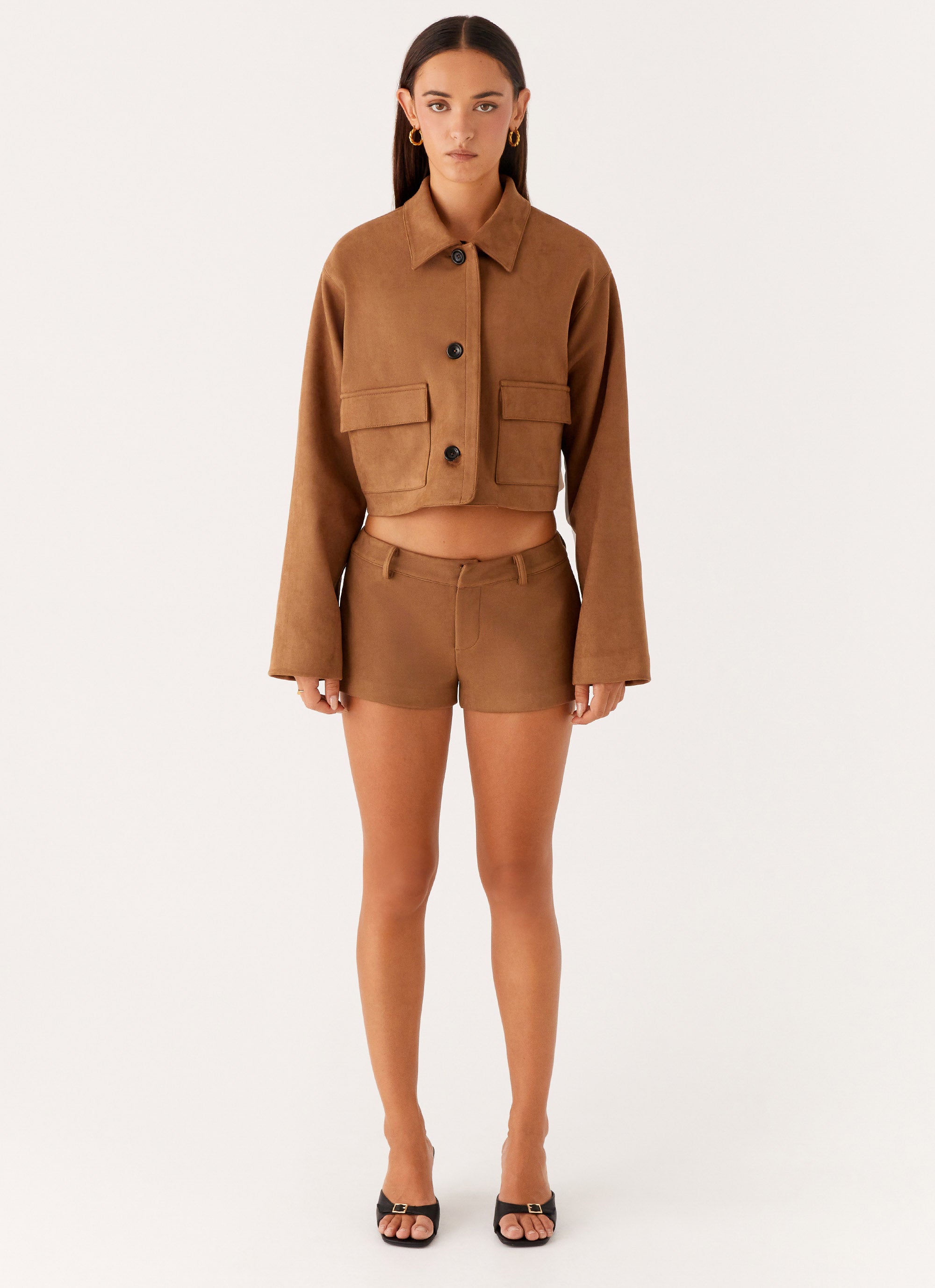 Gio Mini Shorts for Women - Comfortable High Waisted Stretch Denim Shorts in Brown | Perfect for Summer, Beach, and Casual Outfits