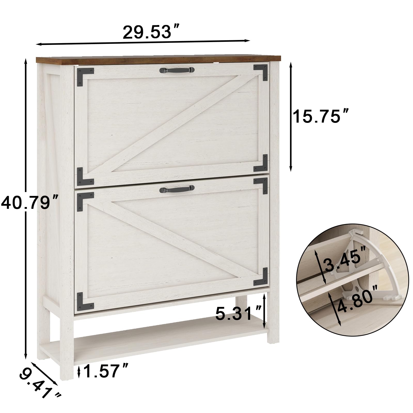 5-Tier Rustic White Shoe Cabinet with 2 Flip Drawers - Farmhouse Entryway Storage Organizer, Narrow Freestanding Wooden Shoe Rack for Hallway, Living Room & Bedroom Closet Organization
