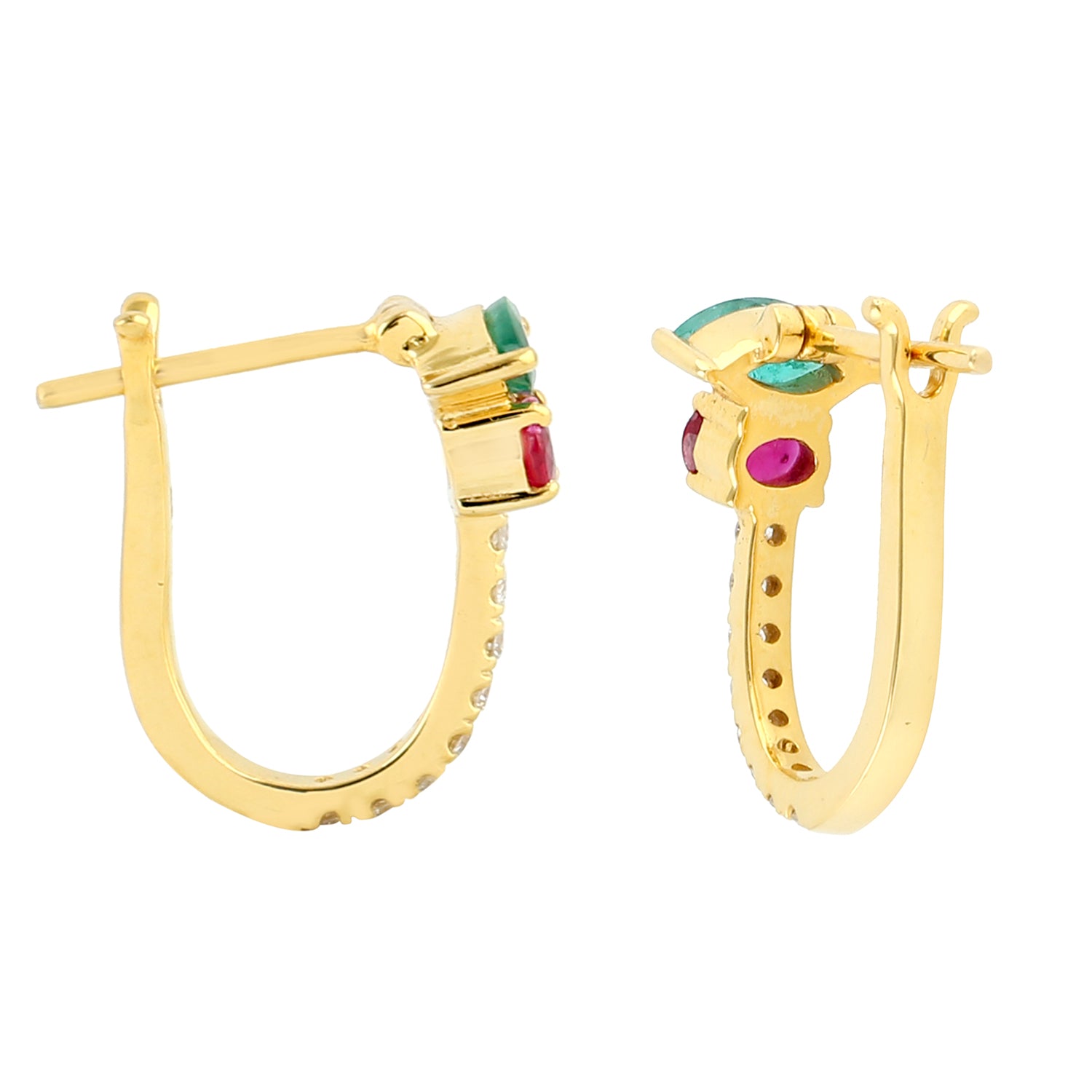 Exquisite Marquise Cut Emerald & Oval Cut Ruby Pave Diamond Hoop Earrings in 14K Yellow Gold | Elegant Dangle Earrings for Women, Perfect for Weddings, Parties & Special Occasions