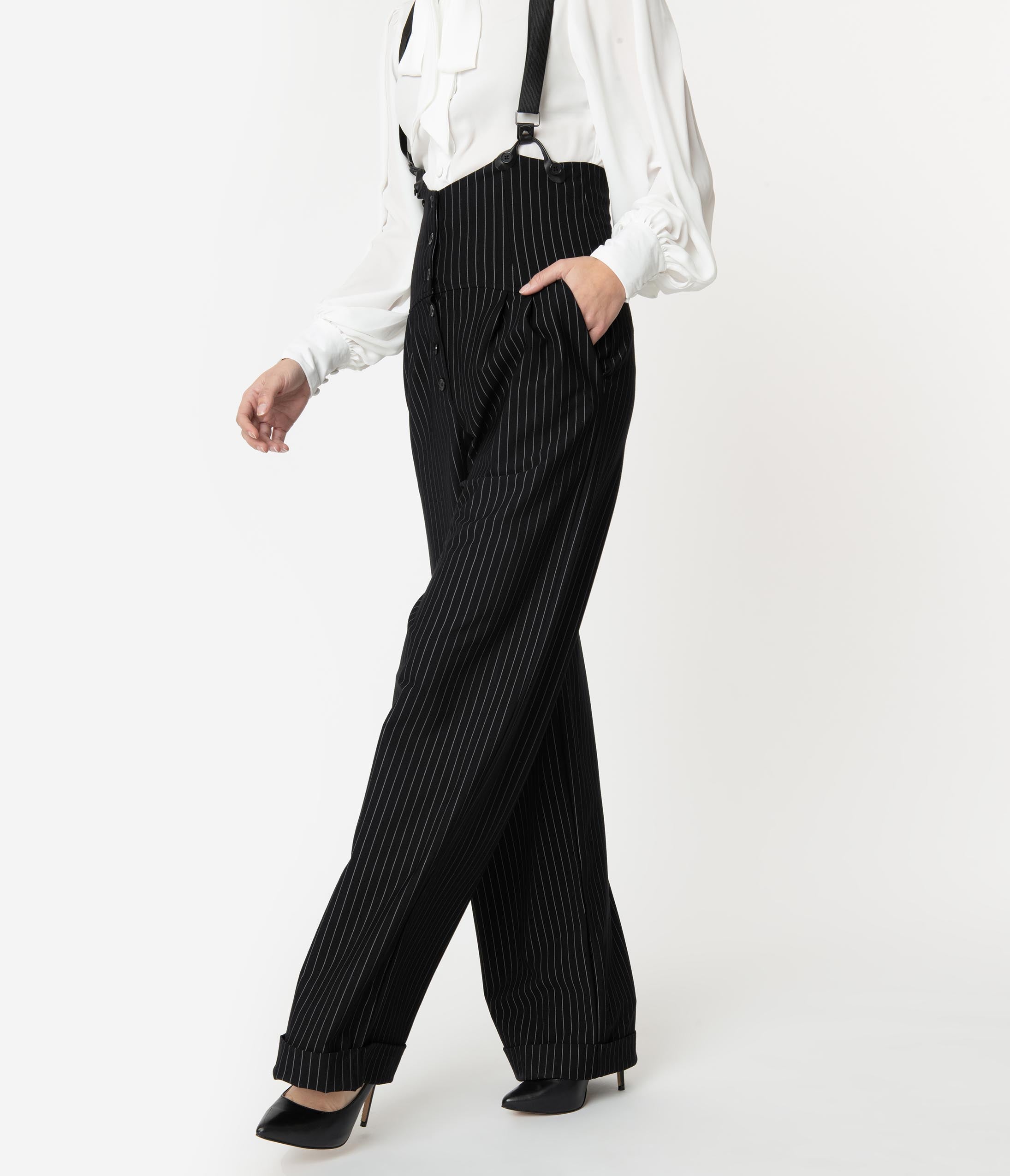 Vintage 1930s Thelma Style Black & White Pin Stripe Suspender Pants for Women | Retro High Waisted Trousers | Perfect for Cosplay, Steampunk & Vintage Fashion Outfits