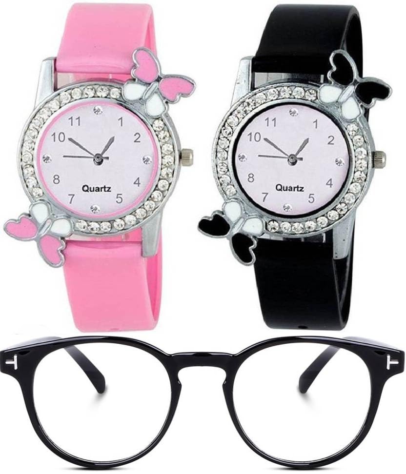 Giffemans Pink & Black Diamond Studded Analog Watch for Women & Girls - 2-Piece Combo Set | Elegant Fashion Accessory for Parties, Work & Everyday Wear