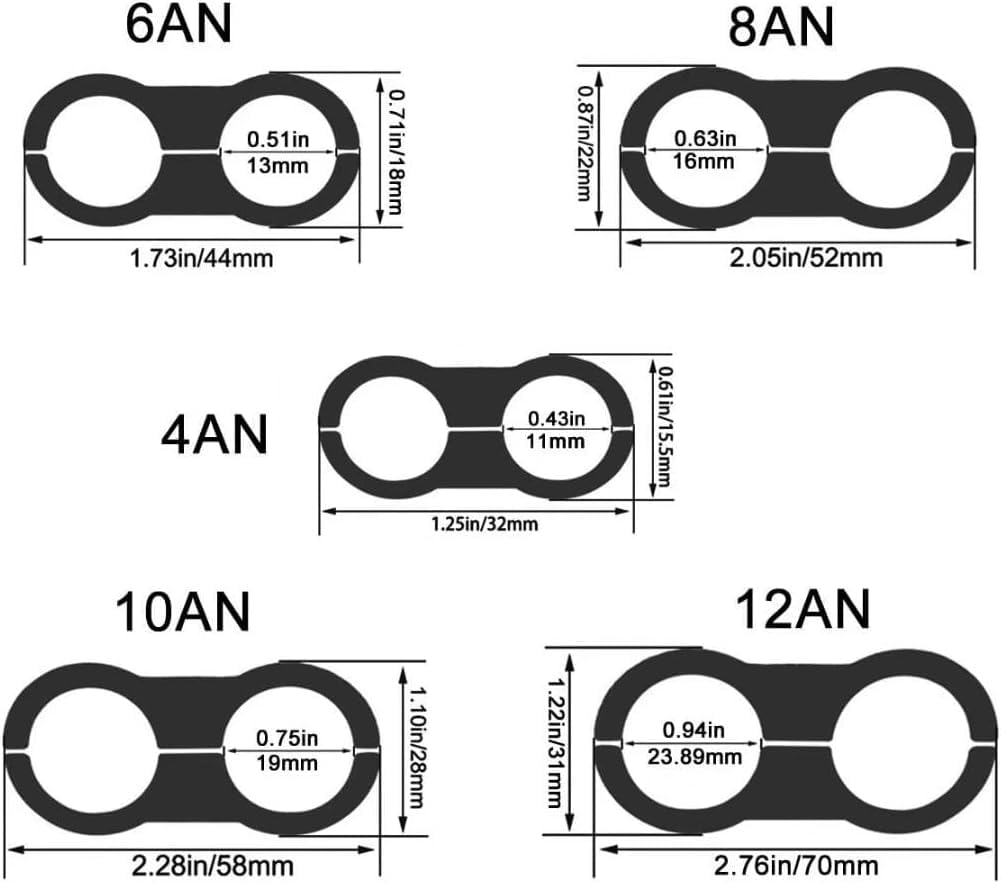 4AN Black Aluminum Hose Clamp Separator - Fuel, Oil, Brake, Water & Gas Line Adapter (6-Piece Pack) for Automotive, Marine & Industrial Applications