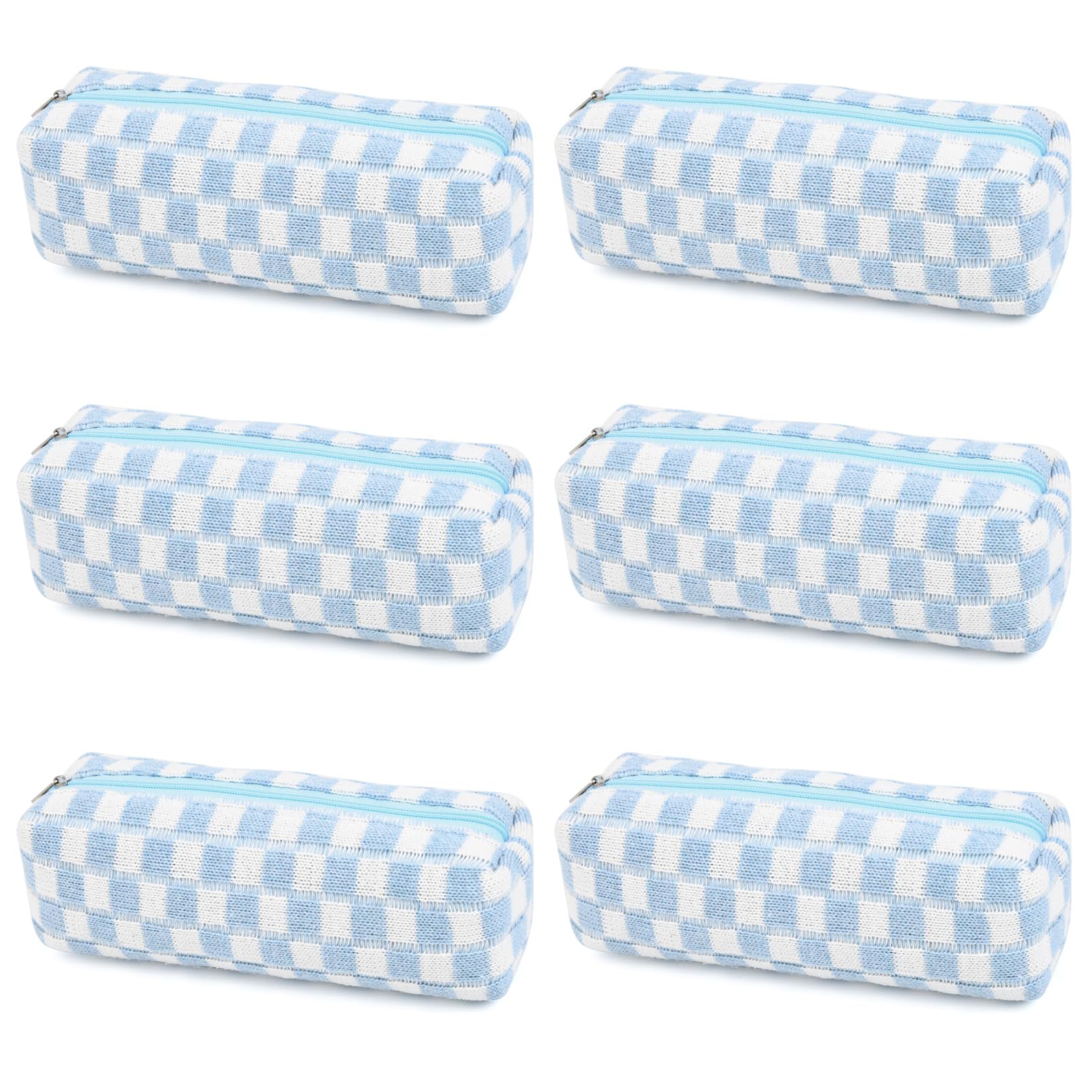 6 Pcs Checkered Makeup Bag Set - Preppy Cosmetic Pouch Organizer for Travel, Toiletries & Makeup Brushes Storage - Light Blue Aesthetic Makeup Bags for Women & Teens - Perfect for School, Gym, Vacation & Daily Use