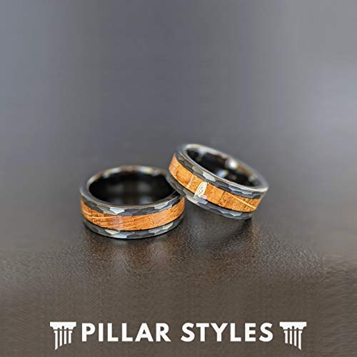 8mm Black Tungsten Whiskey Barrel Ring for Men - Hammered Wedding Band with Bourbon Wood Inlay, Comfort Fit Rustic Anniversary Gift - Perfect for Weddings, Engagements & Bourbon Lovers