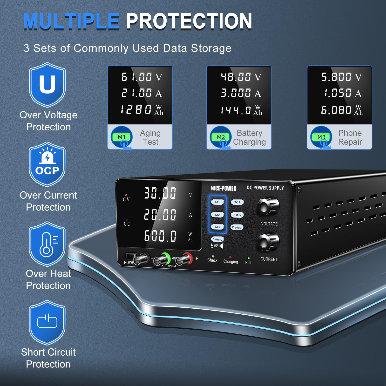 600W Adjustable DC Power Supply 30V 20A Variable Switching Regulated Bench Power Supply with OCP, Memory Storage & Lock Button - Perfect for Battery Charging, Electronics Testing, Lab Equipment & DIY Projects