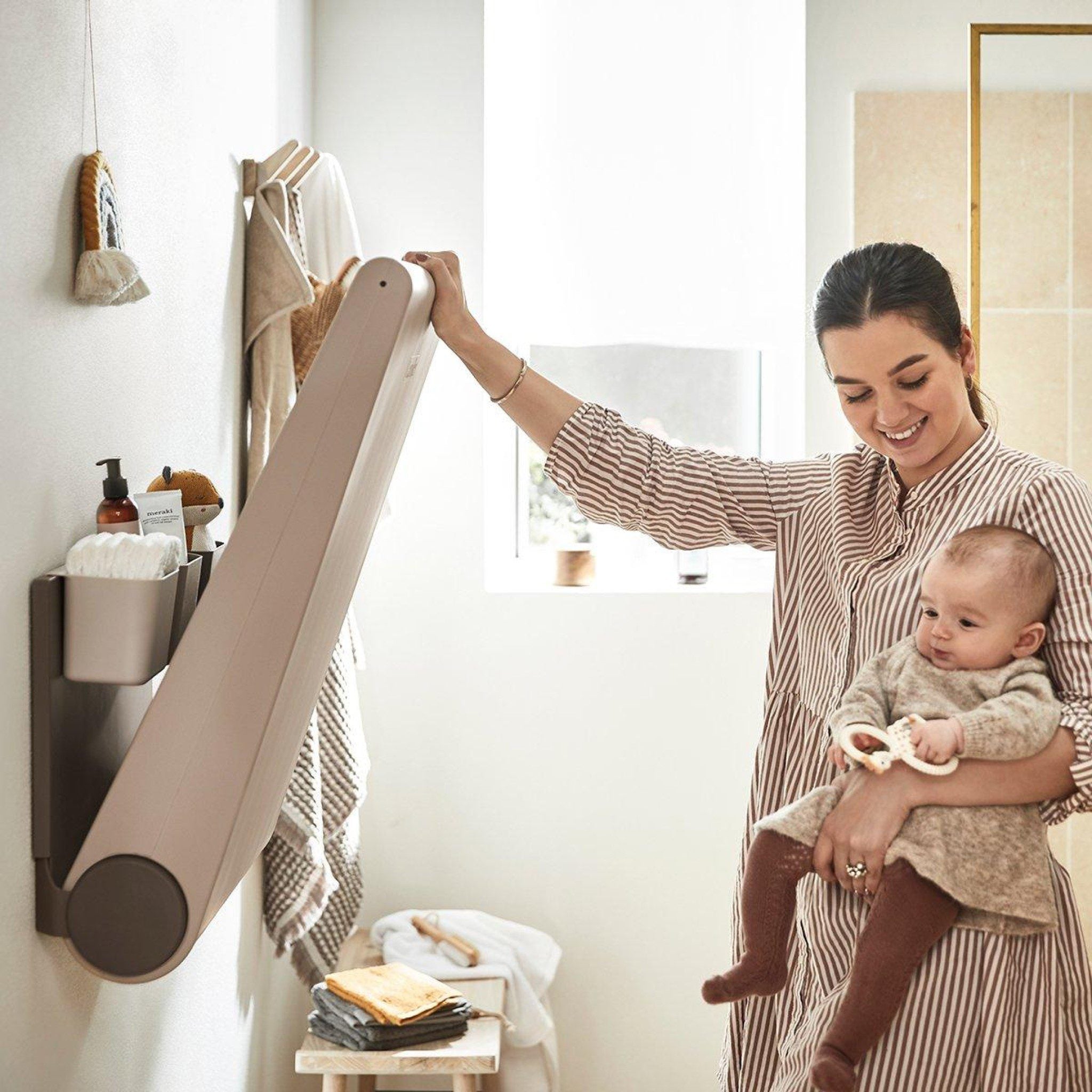 LEANDER Wally Wall Mounted Baby Changing Table - Space-Saving Nursery Organizer with Safety Rail, Cappuccino Finish | Perfect for Small Bedrooms & Nursery Decor