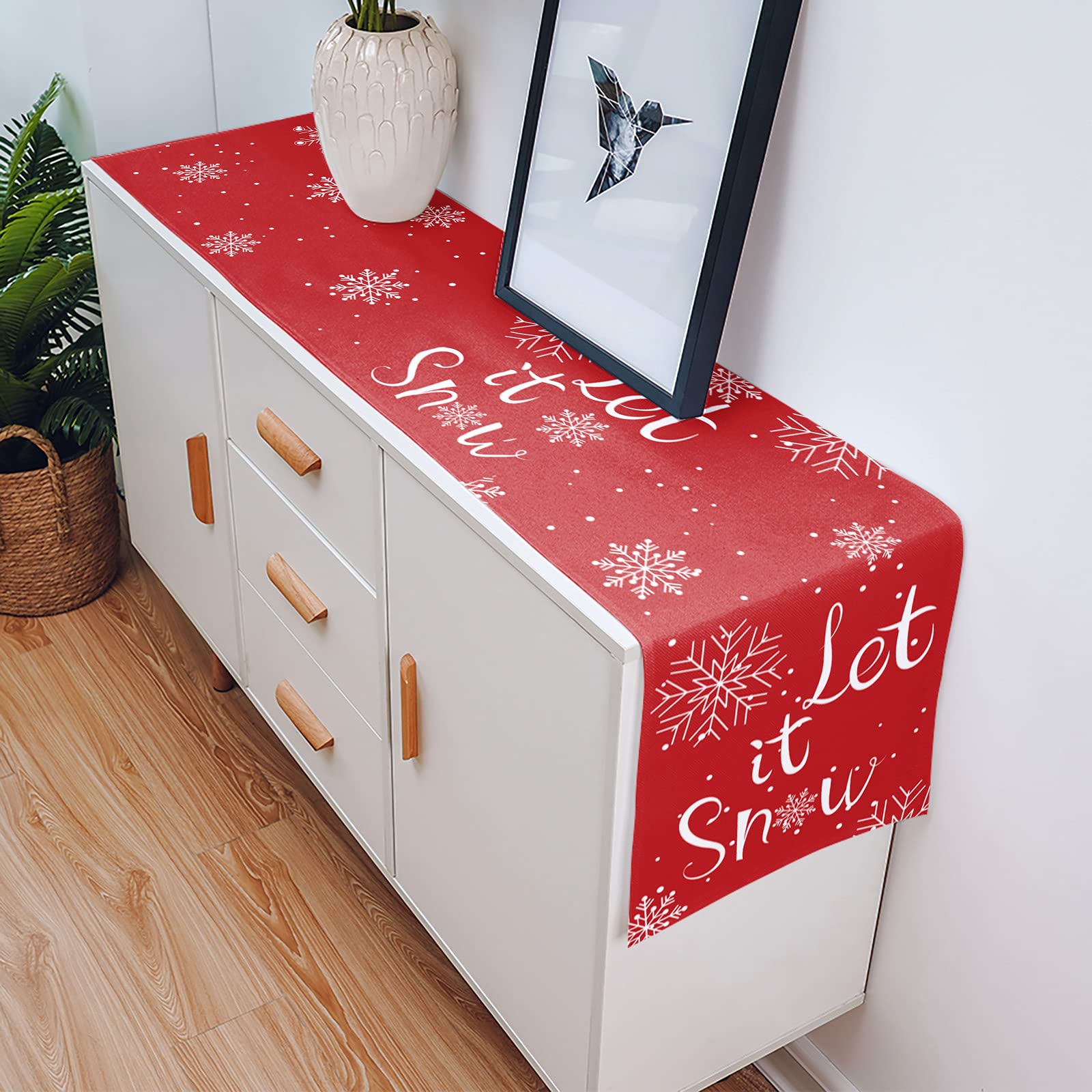 72 Inch Christmas Table Runner - Cotton Linen Holiday Dining Table Decor with Red Snowflake Design, Let It Snow Theme for Christmas, Rustic Xmas Table Scarf (13