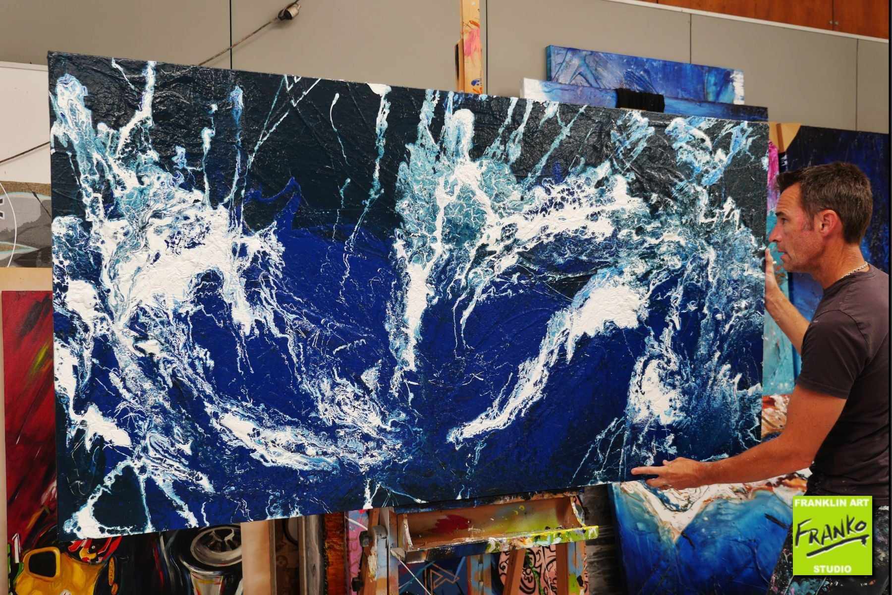 Blu Drift 190cm x 100cm White Blue Textured Abstract Canvas Art - Modern Wall Decor for Living Room, Bedroom & Office