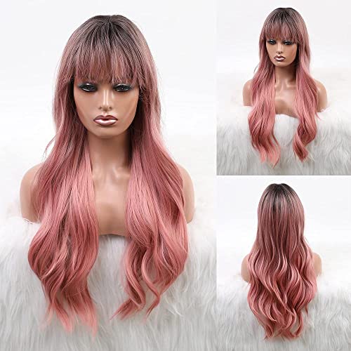 Ombre Pink to Brown Long Curly Synthetic Wig with Air Bangs for Women - 28 Inch Heat Resistant Hairpiece for Cosplay, Parties & Daily Wear