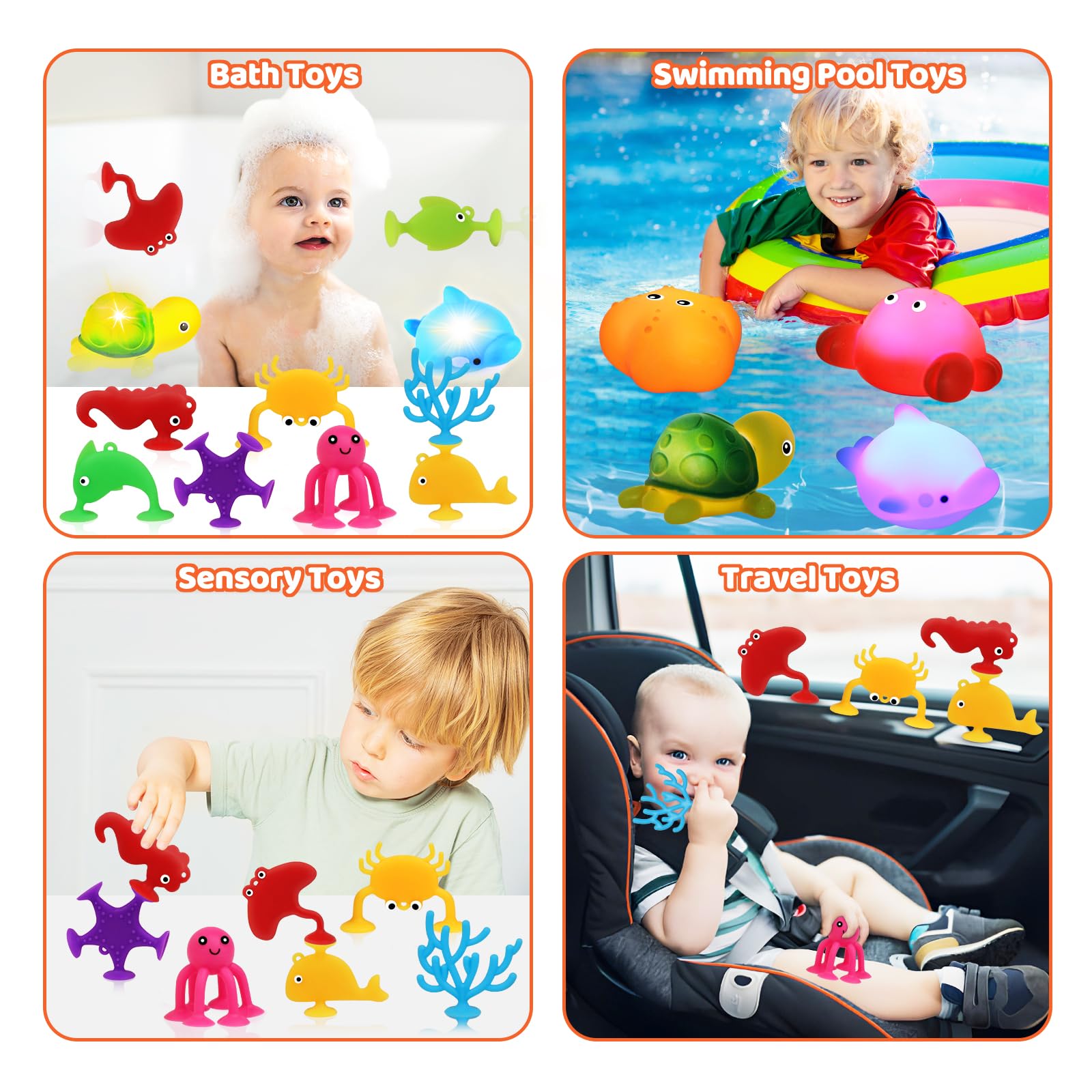 13-Piece Light Up Baby Bath Toys with Suction Cups - No Hole Bathtub Toys for Toddlers 6-12 Months & Kids 1-8 Years - Perfect for 1 2 3 Year Old Boys & Girls - Fun Stocking Stuffers & Sensory Play in Tub