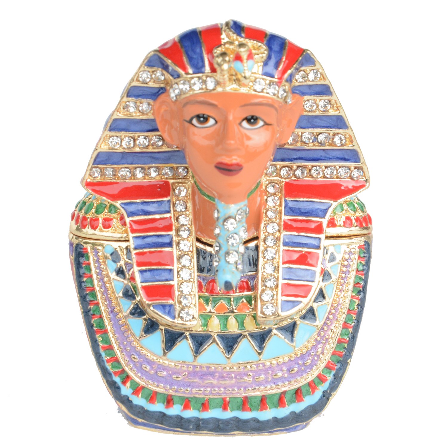 Egyptian Tutankhamun Pharaoh Jewelry Box - Hand-Painted Decorative Trinket Box with Hinged Lid, Ring & Earring Holder - Unique Collectible Figurine for Home Decor, Gift, or Display