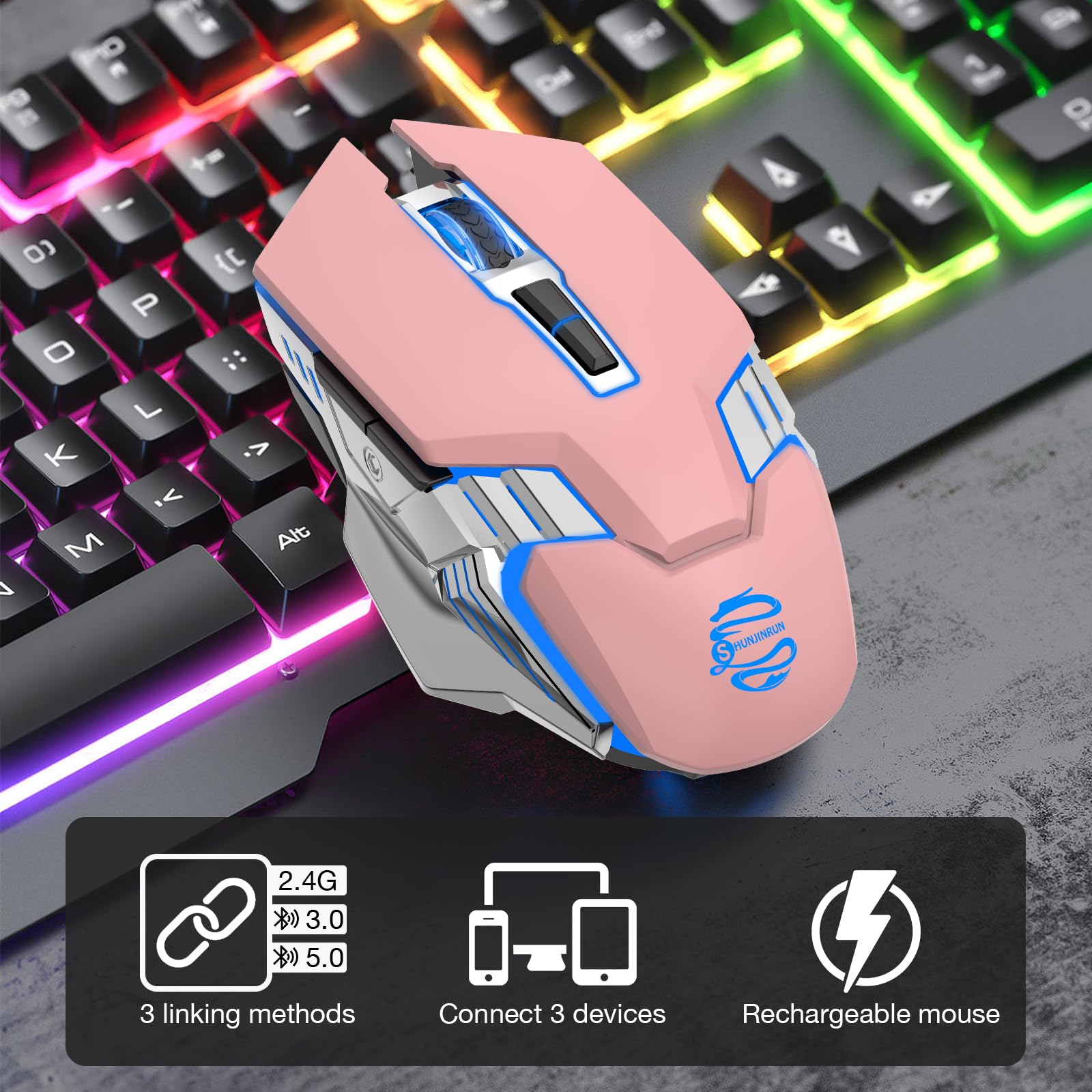 Bluetooth Wireless Mouse - Silent Rechargeable Multi-Device Mouse with RGB Lighting, BT5.0/3.0 & USB Connectivity for PC, Mac, MacBook Air/Pro, iPad - Perfect for Office Work, Gaming & Tablet Use (Pink)